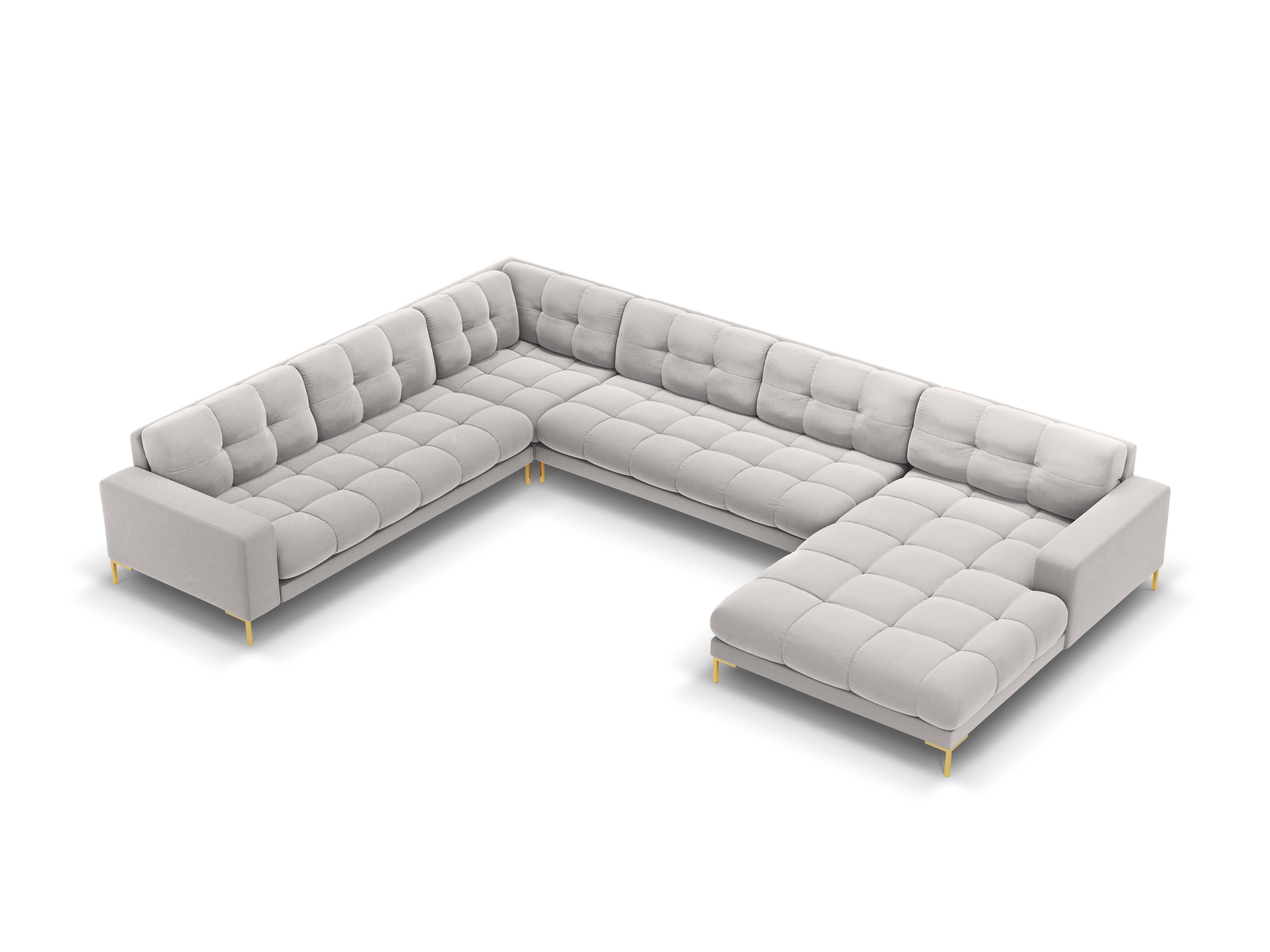 Sofa aksamitna panoramiczna lewostronna 7-osobowa BALI srebrny ze złotą podstawą Cosmopolitan Design Eye on Design