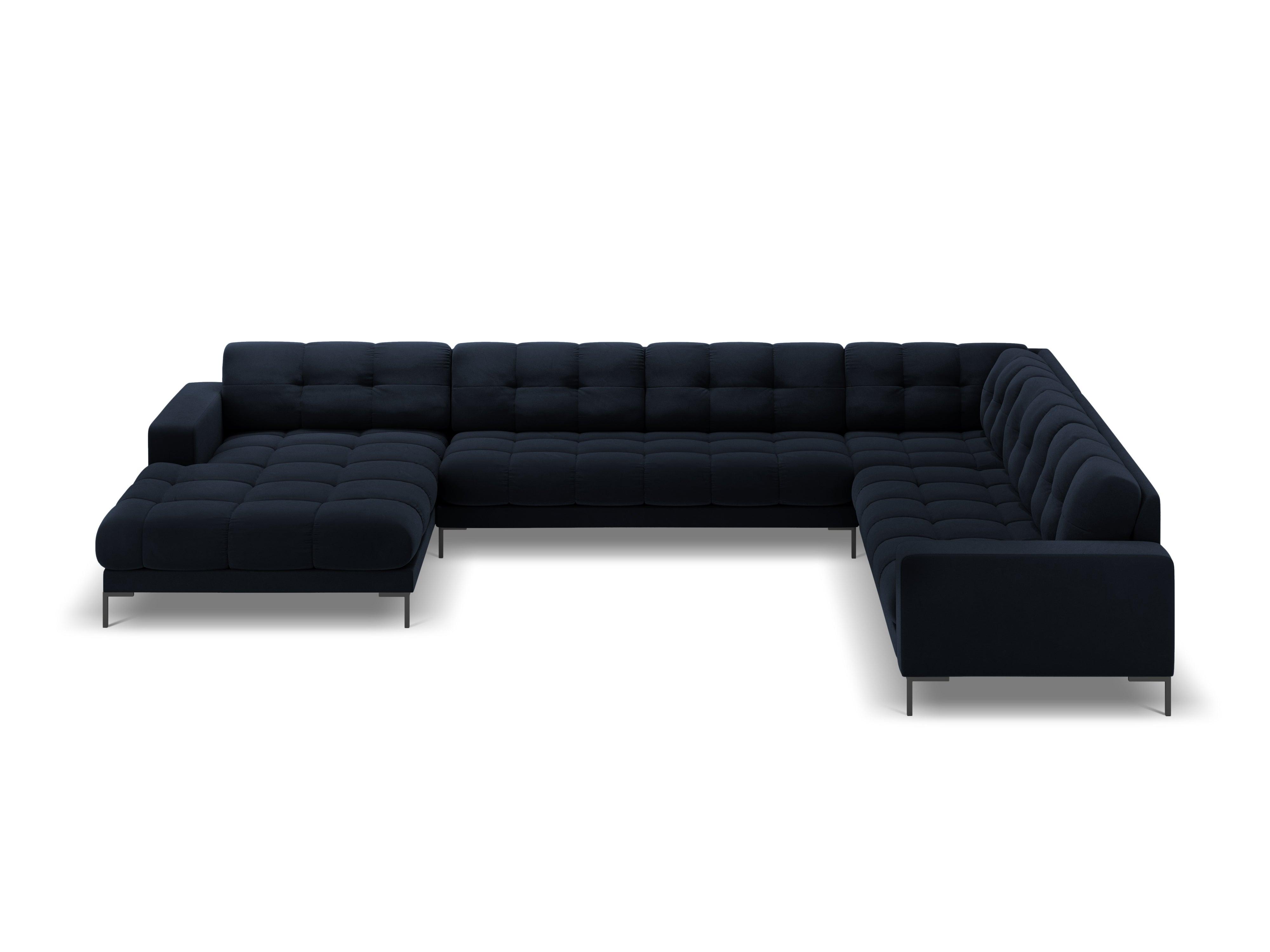 Sofa aksamitna panoramiczna prawostronna 7-osobowa BALI ciemnoniebieski z czarną podstawą Cosmopolitan Design Eye on Design