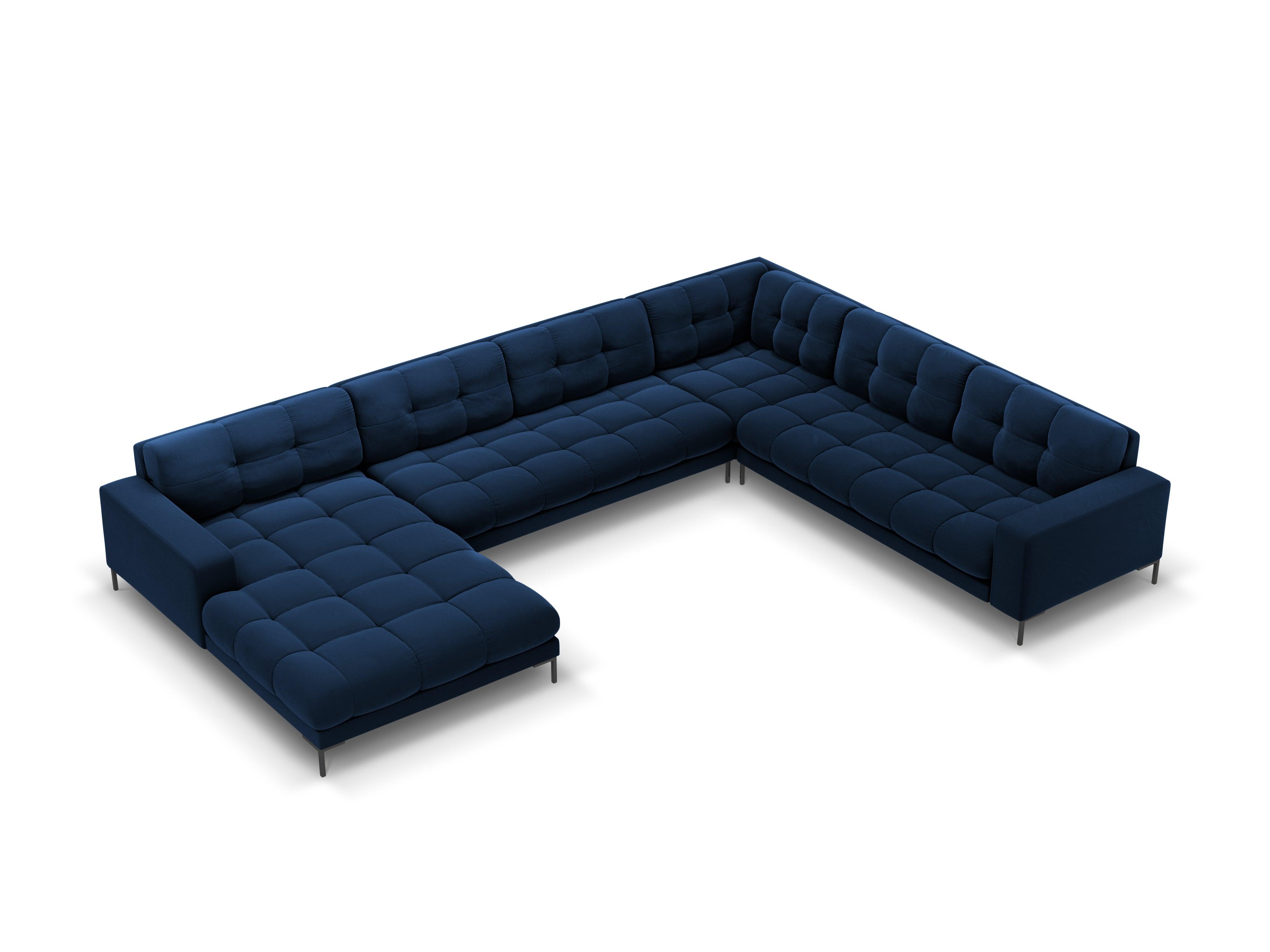 Sofa aksamitna panoramiczna prawostronna 7-osobowa BALI granat królewski z czarną podstawą Cosmopolitan Design Eye on Design