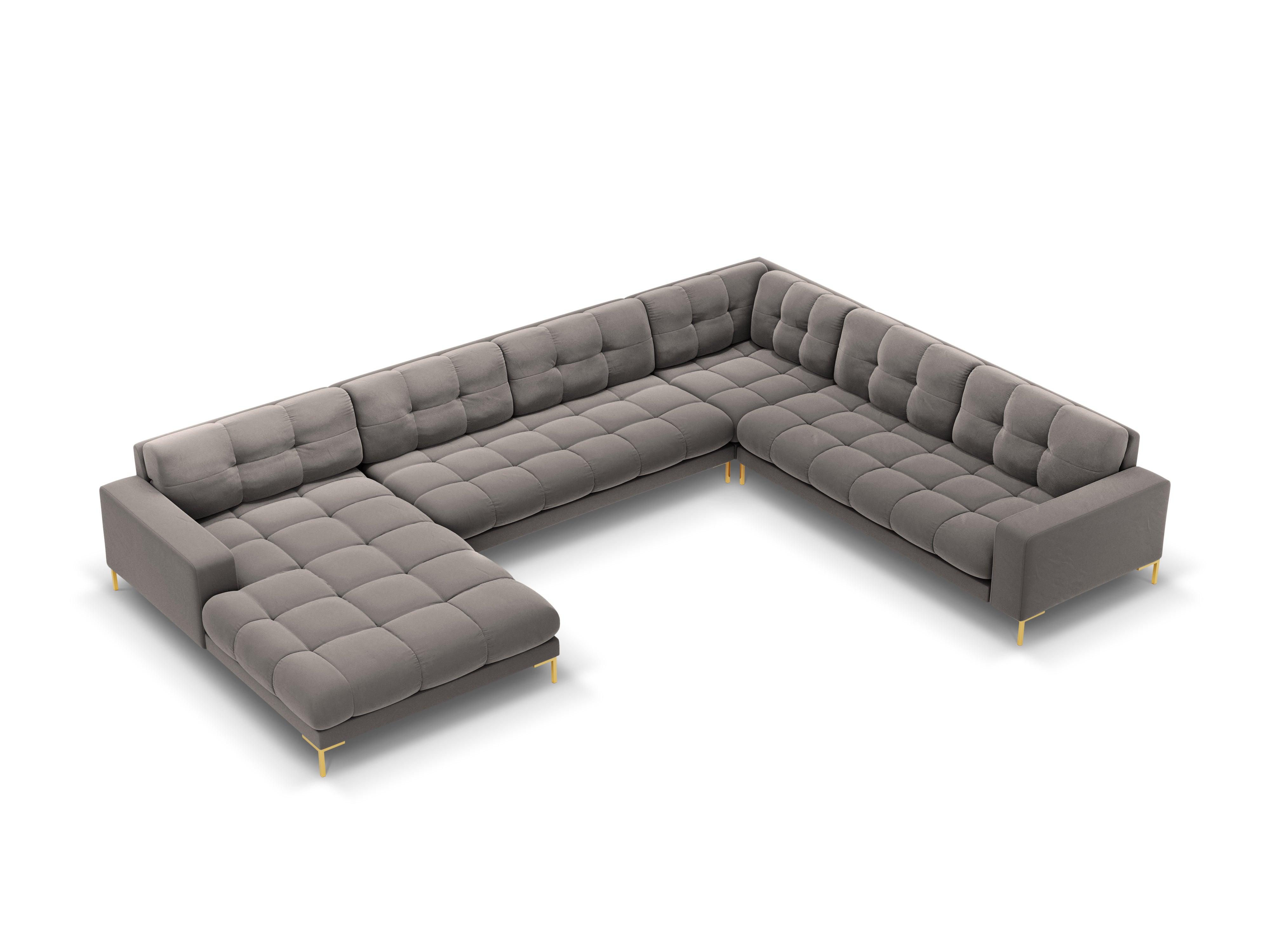 Sofa aksamitna panoramiczna prawostronna 7-osobowa BALI jasnoszary ze złotą podstawą Cosmopolitan Design Eye on Design