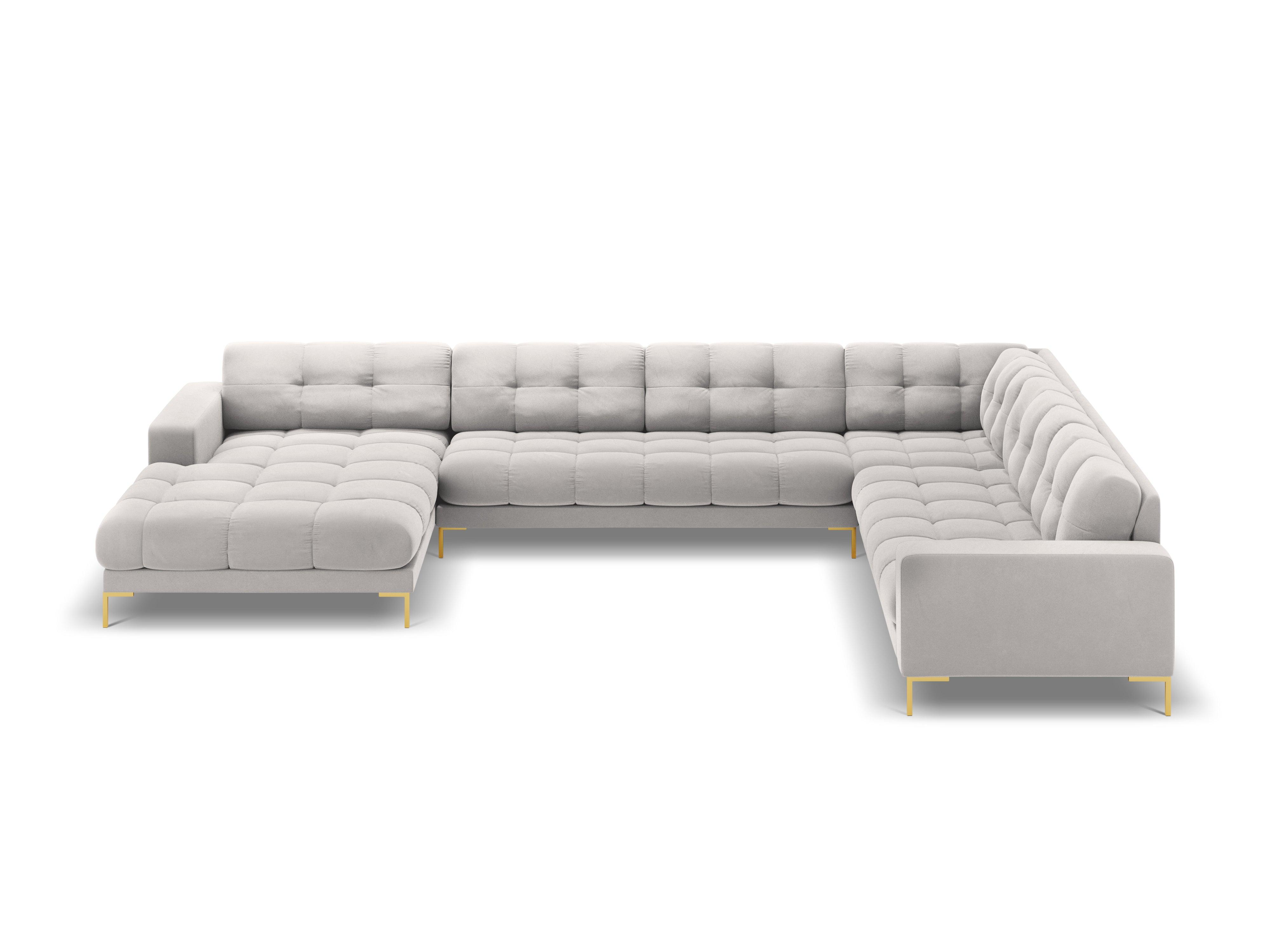 Sofa aksamitna panoramiczna prawostronna 7-osobowa BALI srebrny ze złotą podstawą Cosmopolitan Design Eye on Design