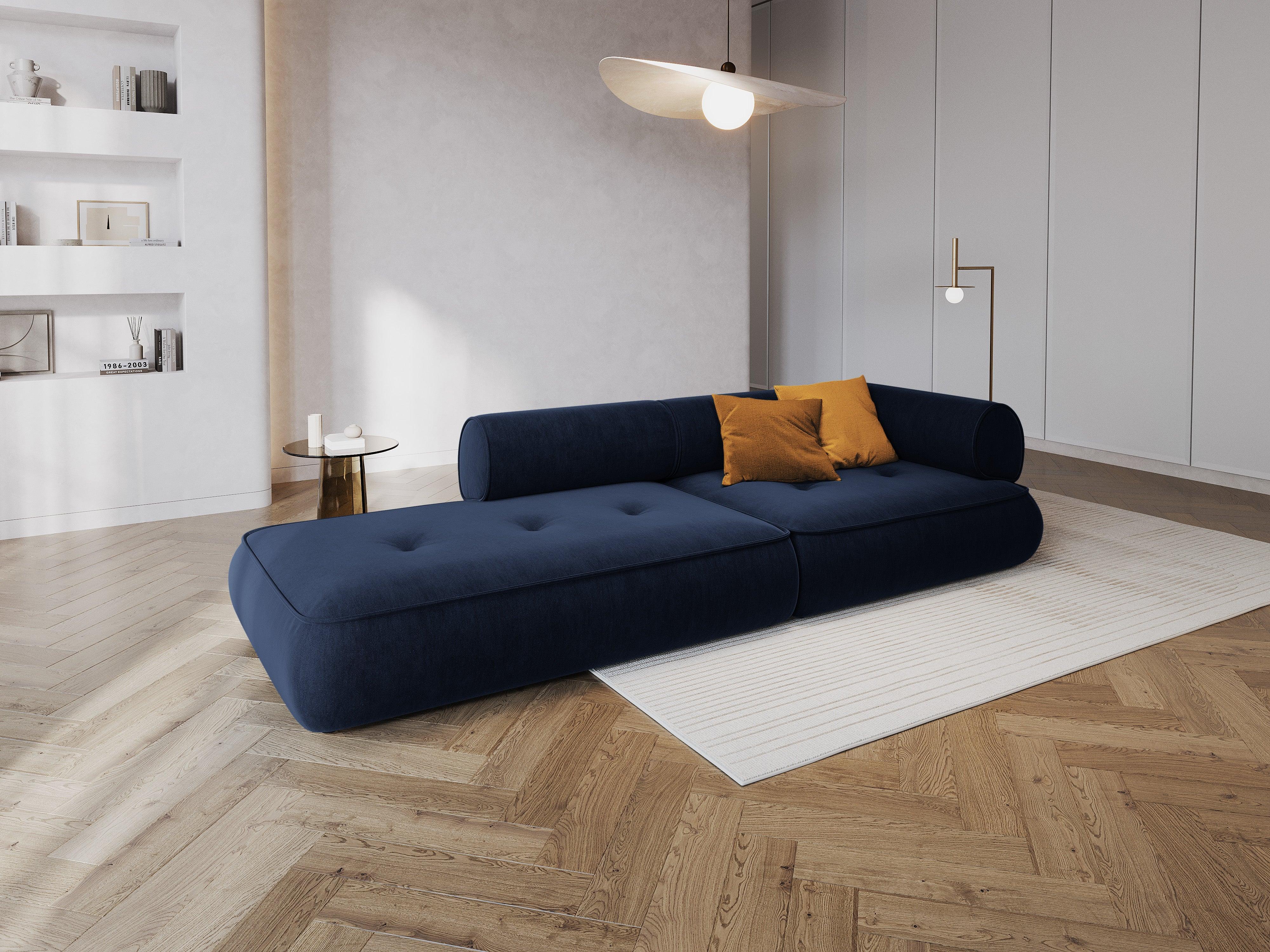 Sofa w tkaninie szenilowej otwarta lewostronna LILY ciemnoniebieski Maison Heritage Eye on Design