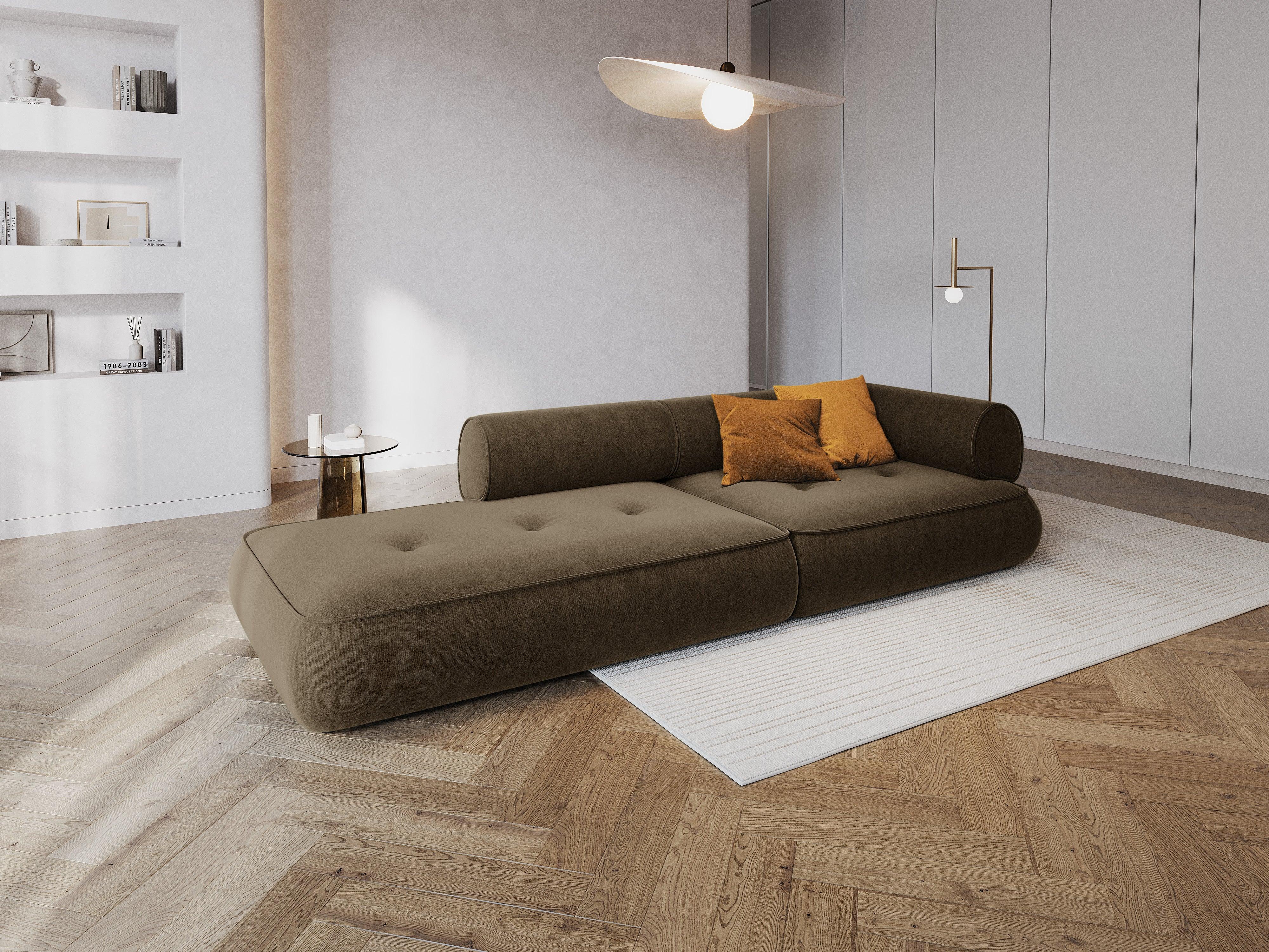 Sofa w tkaninie szenilowej otwarta lewostronna LILY szarobrązowy Maison Heritage Eye on Design