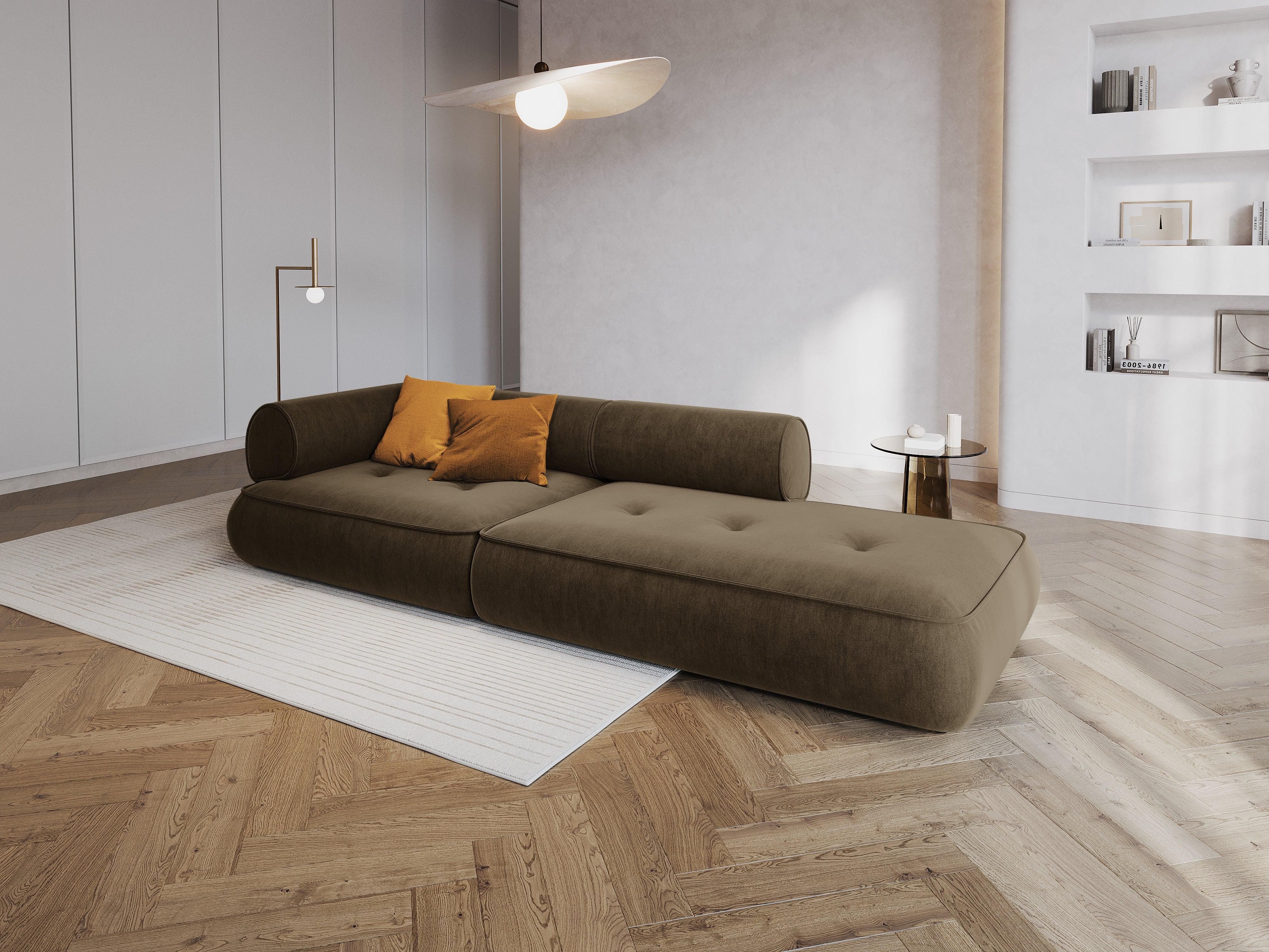 Sofa w tkaninie szenilowej otwarta prawostronna LILY szarobrązowy Maison Heritage Eye on Design