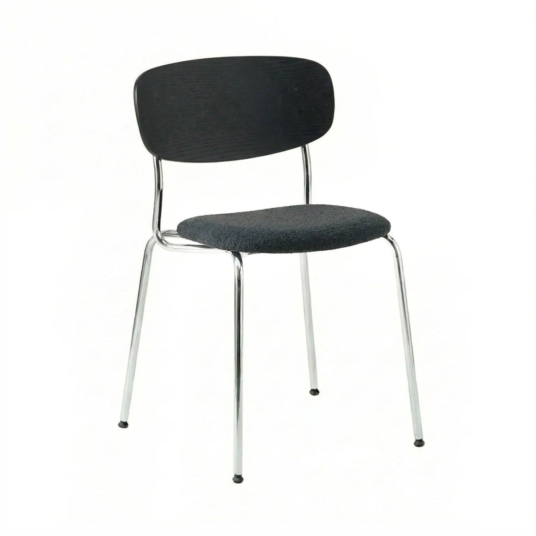 SPLIT SOFT chair black oak wood with chrome base and black bouclé