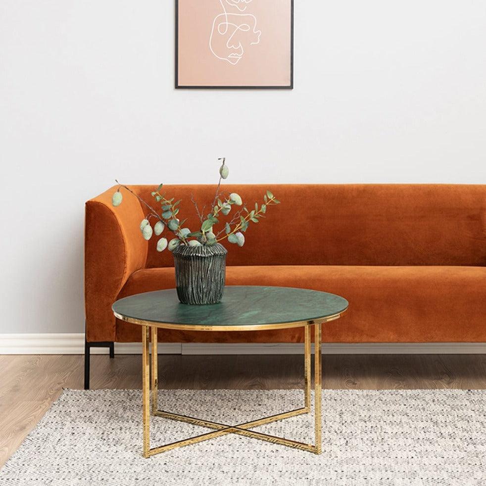 Stolik kawowy okrągły THILO zielone szkło ze złotą podstawą Actona Eye on Design