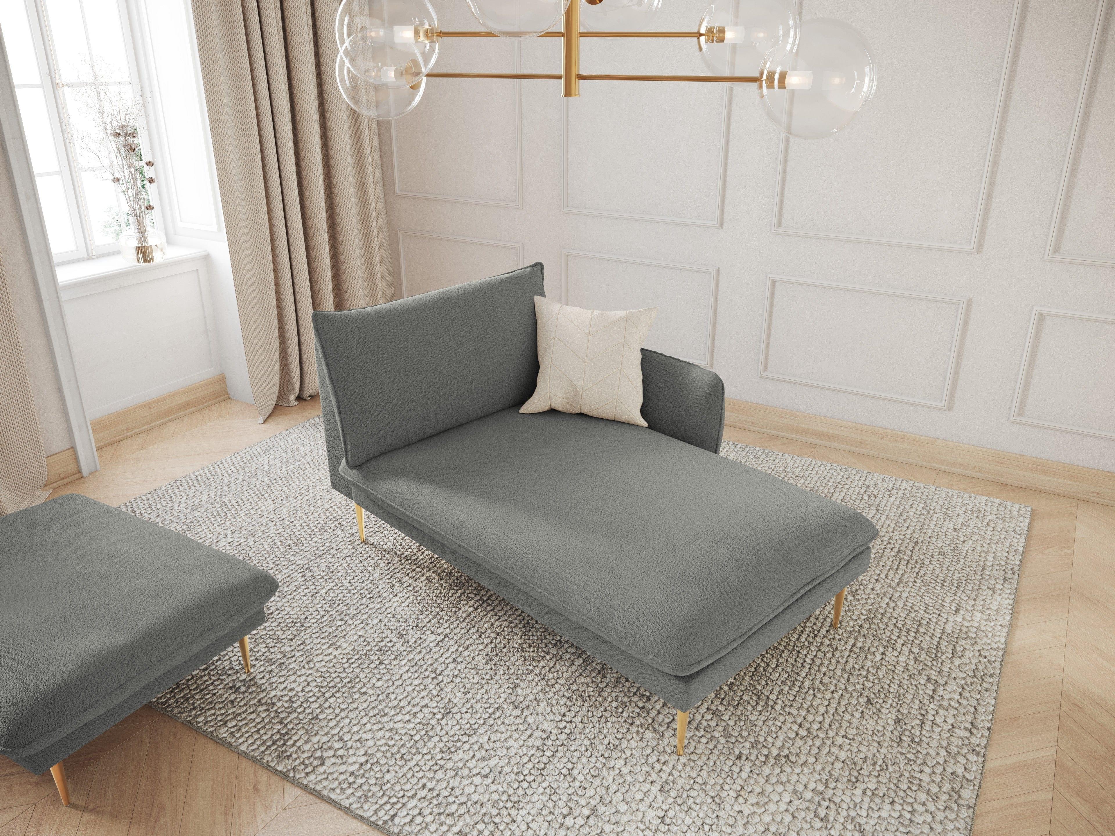 Szezlong w tkaninie boucle prawostronny VIENNA szary ze złotą podstawą Cosmopolitan Design Eye on Design