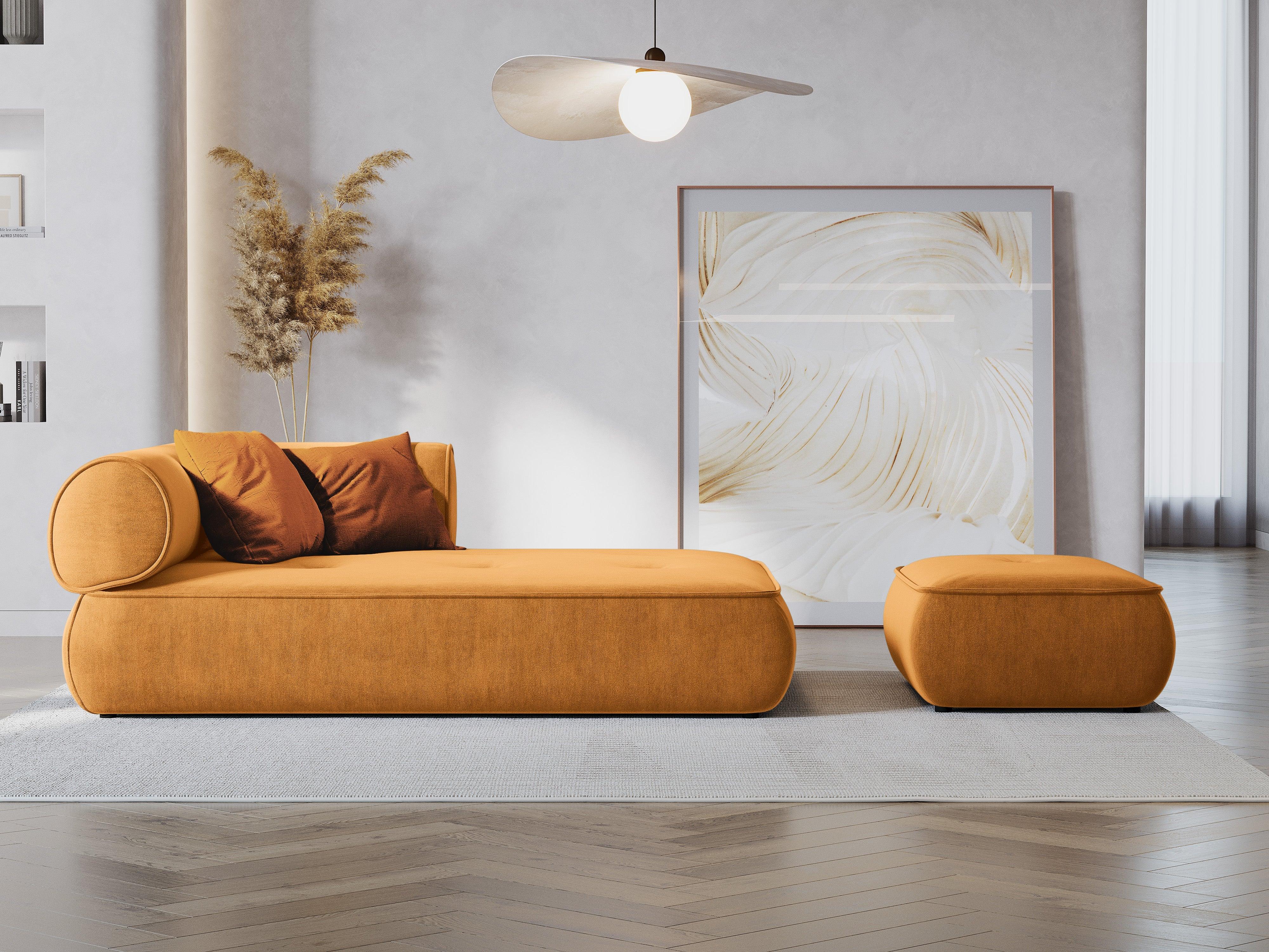 Szezlong w tkaninie szenilowej prawostronny LILY musztardowy Maison Heritage Eye on Design