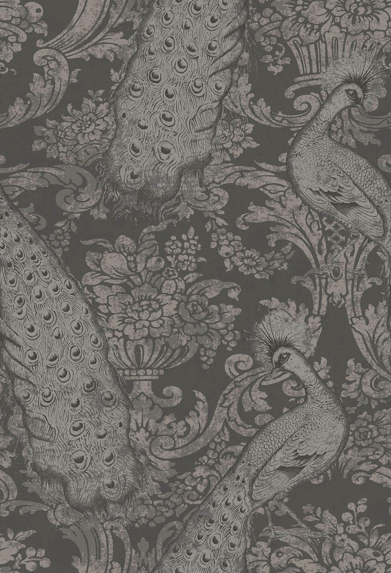 Metallic wallpaper with animal motif in peacock ALBEMARLE - Byron silver