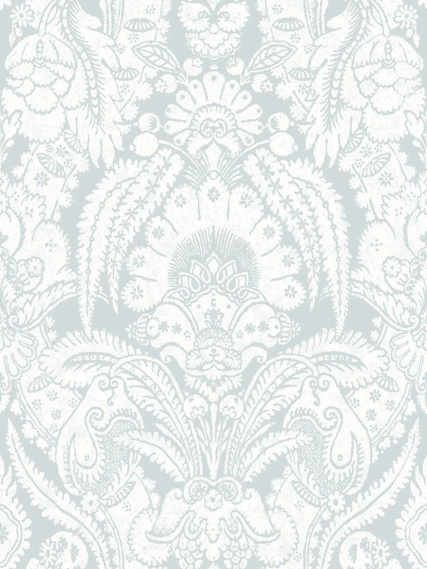 Floral-patterned wallpaper with ornaments ALBEMARLE - Chatterton white on blue