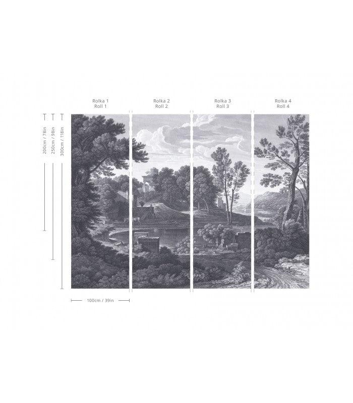 Tapeta flizelinowa z krajobrazem ANCIENT RIVERSIDE GROVE zgaszony niebieski na ścianę