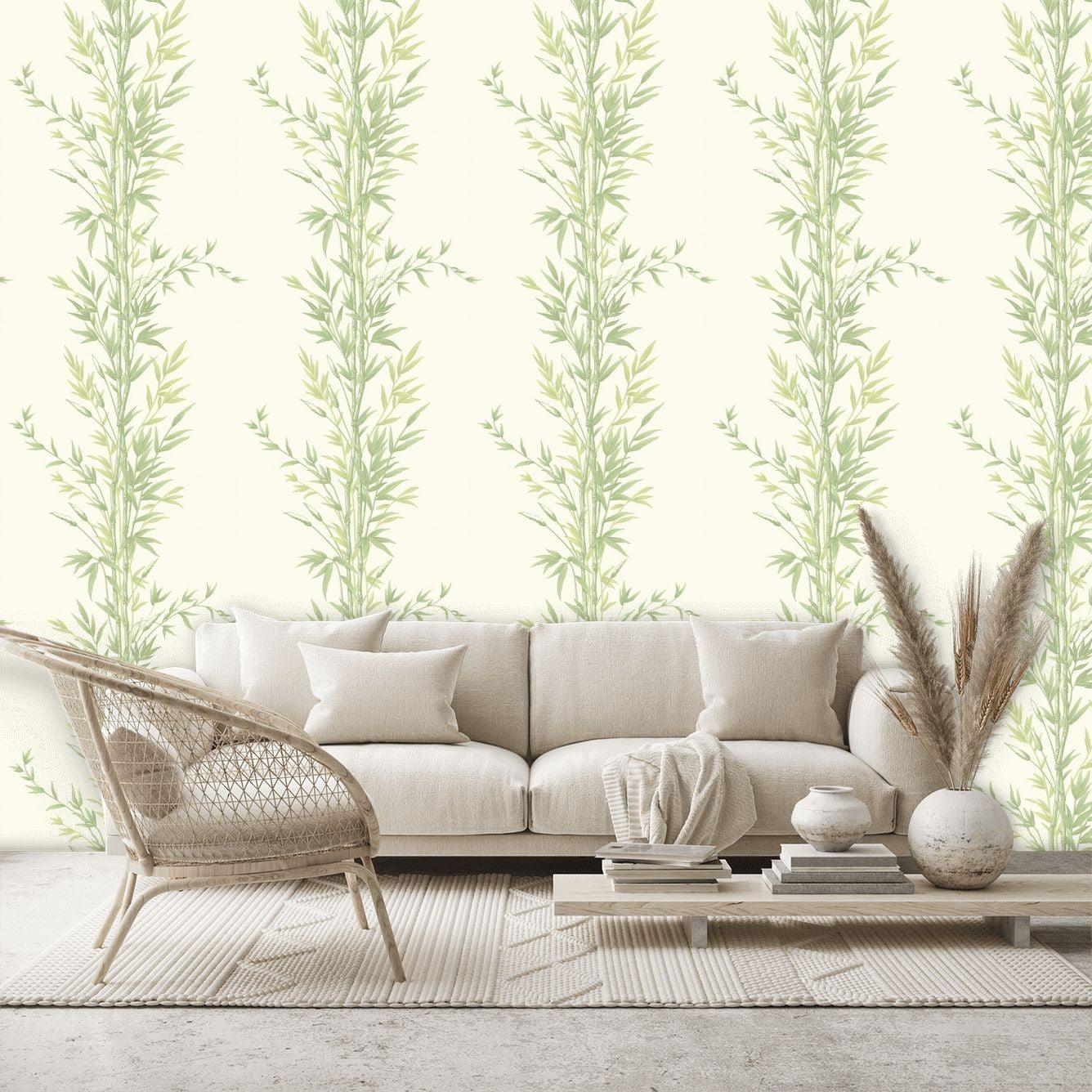 Behang met plantmotief van bamboescheuten ARCHIVE ANTHOLOGY - Blauw bamboe op olijfkleur
