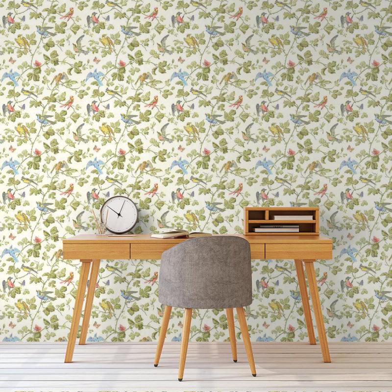 Wallpaper with a plant and animal motif of birds and leaves ARCHIVE ANTHOLOGY - Winter Birds yellow on white