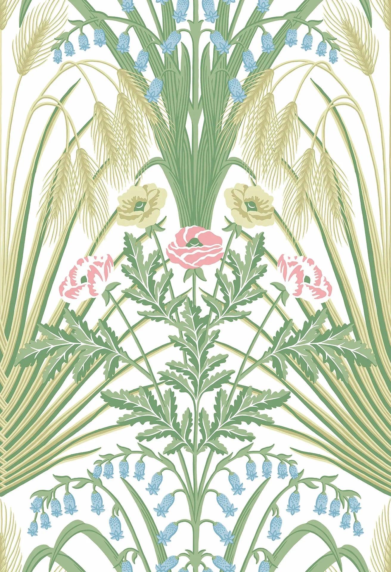 Wallpaper with a plant motif of leaves and flowers BOTANICAL BOTANICA - Bluebell blue on white
