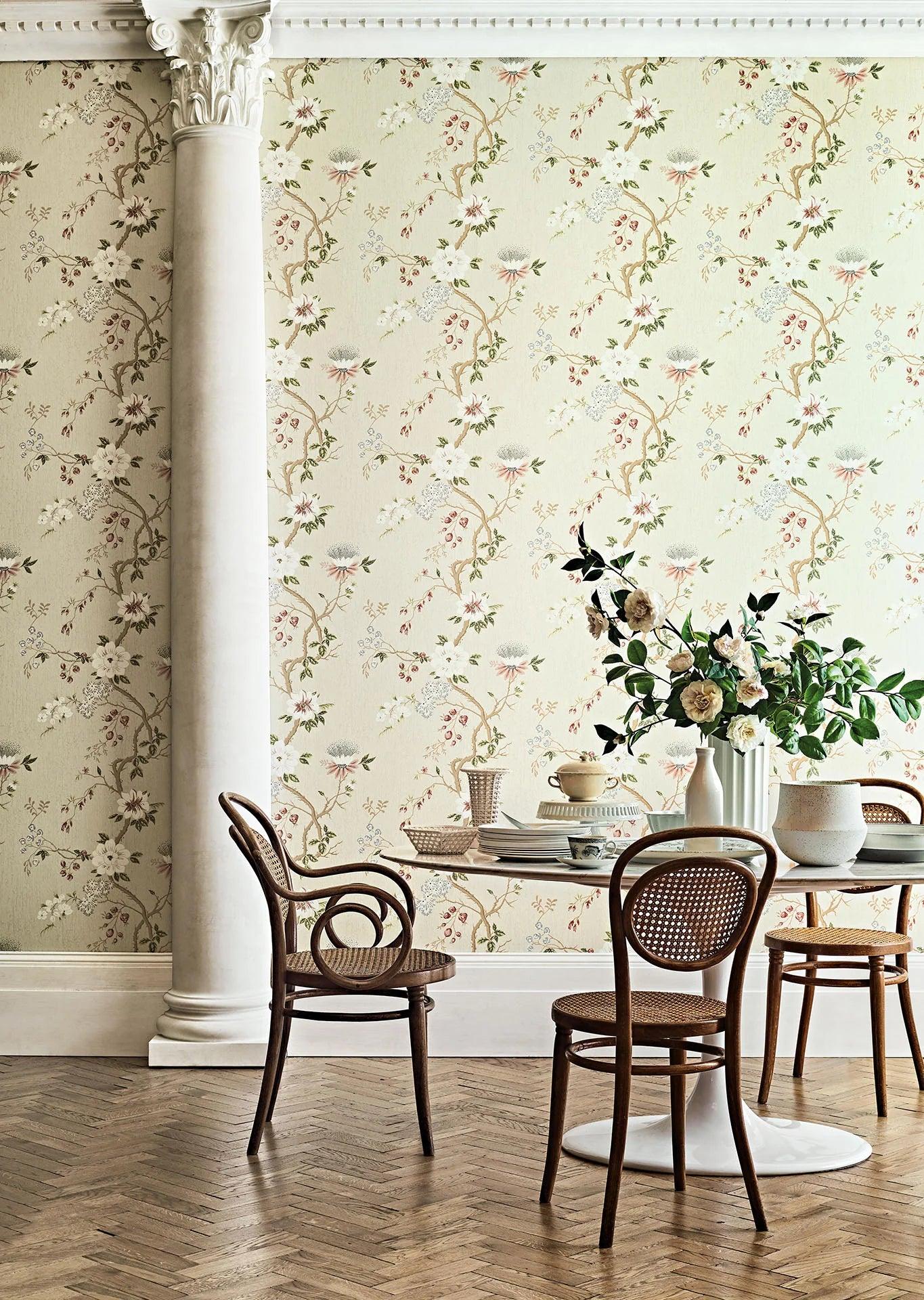 Botanical Flower Pattern Wallpaper - Camellia Metallic Gold