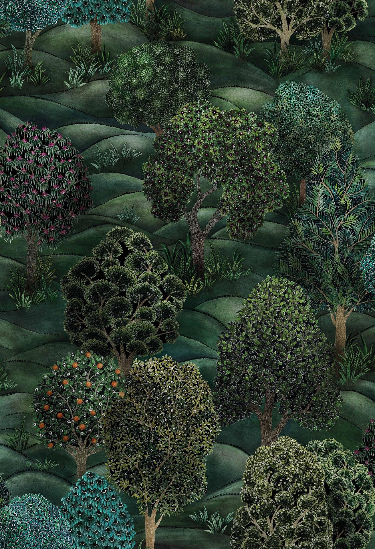 Behang met plantenmotief magisch bos BOTANICAL BOTANICA - Donkergroen bos