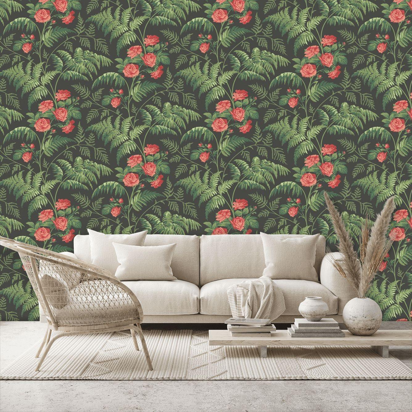 Wallpaper with a floral plant motif of flowers and leaves BOTANICAL BOTANICA - Blue Rose