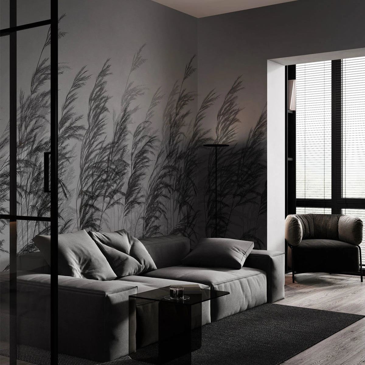 Tapete mit pflanzlichem Blattmotiv CANE grau