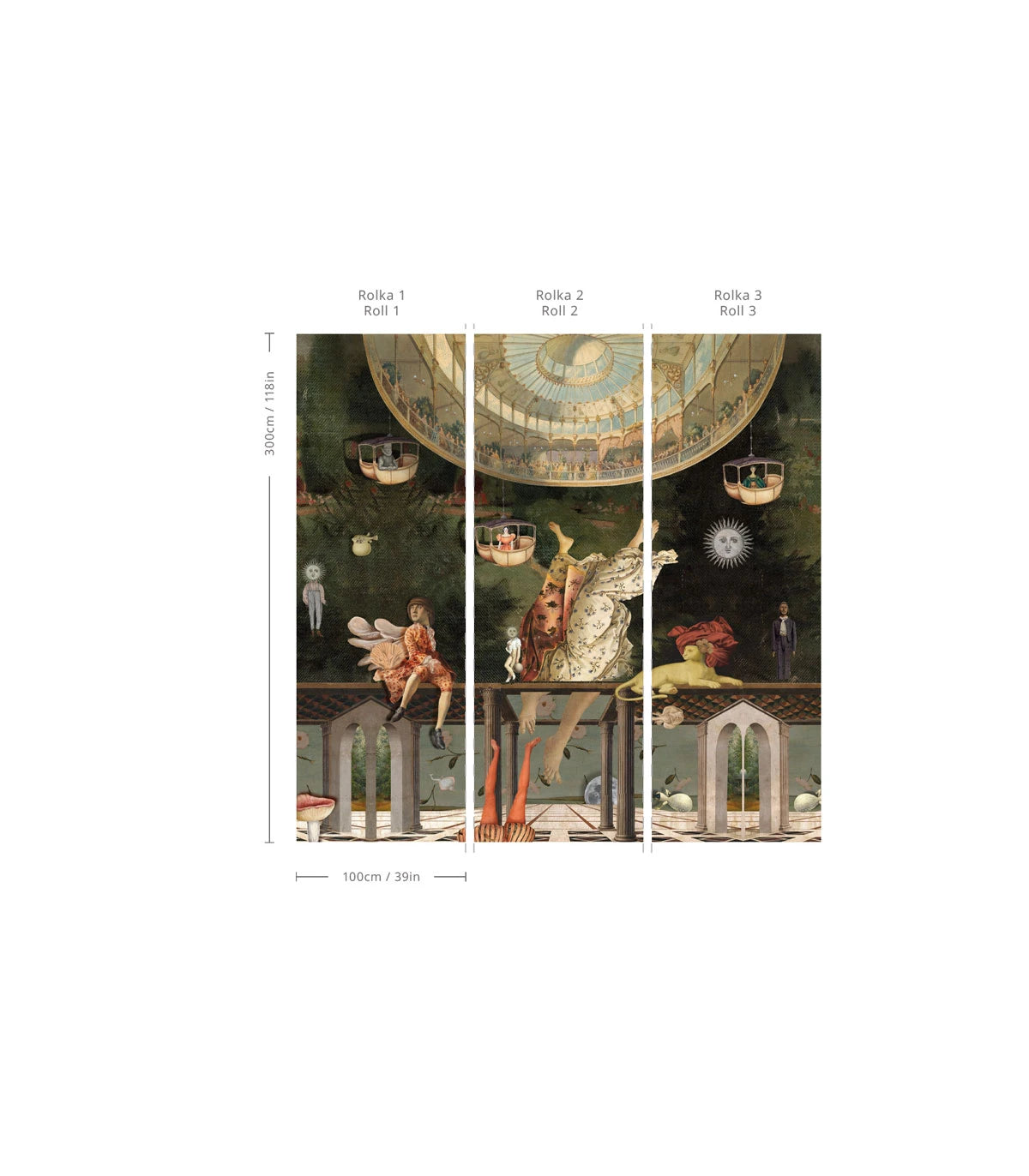 Behang met artistiek landschap CAROUSEL groen met goud