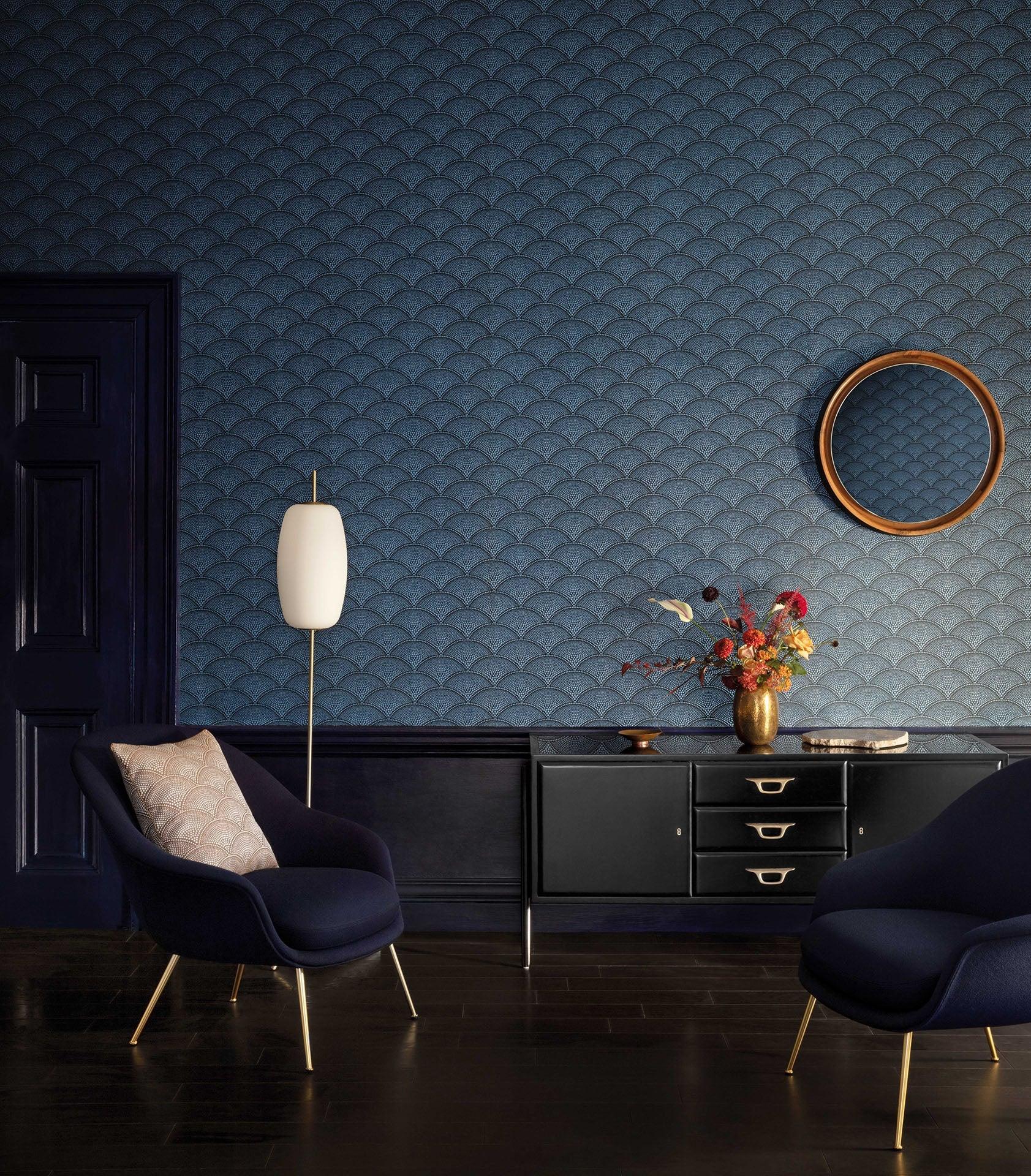 Behang met geometrisch patroon van art deco waaier CONTEMPORARY COLLECTION - Zwarte Veerwaaier