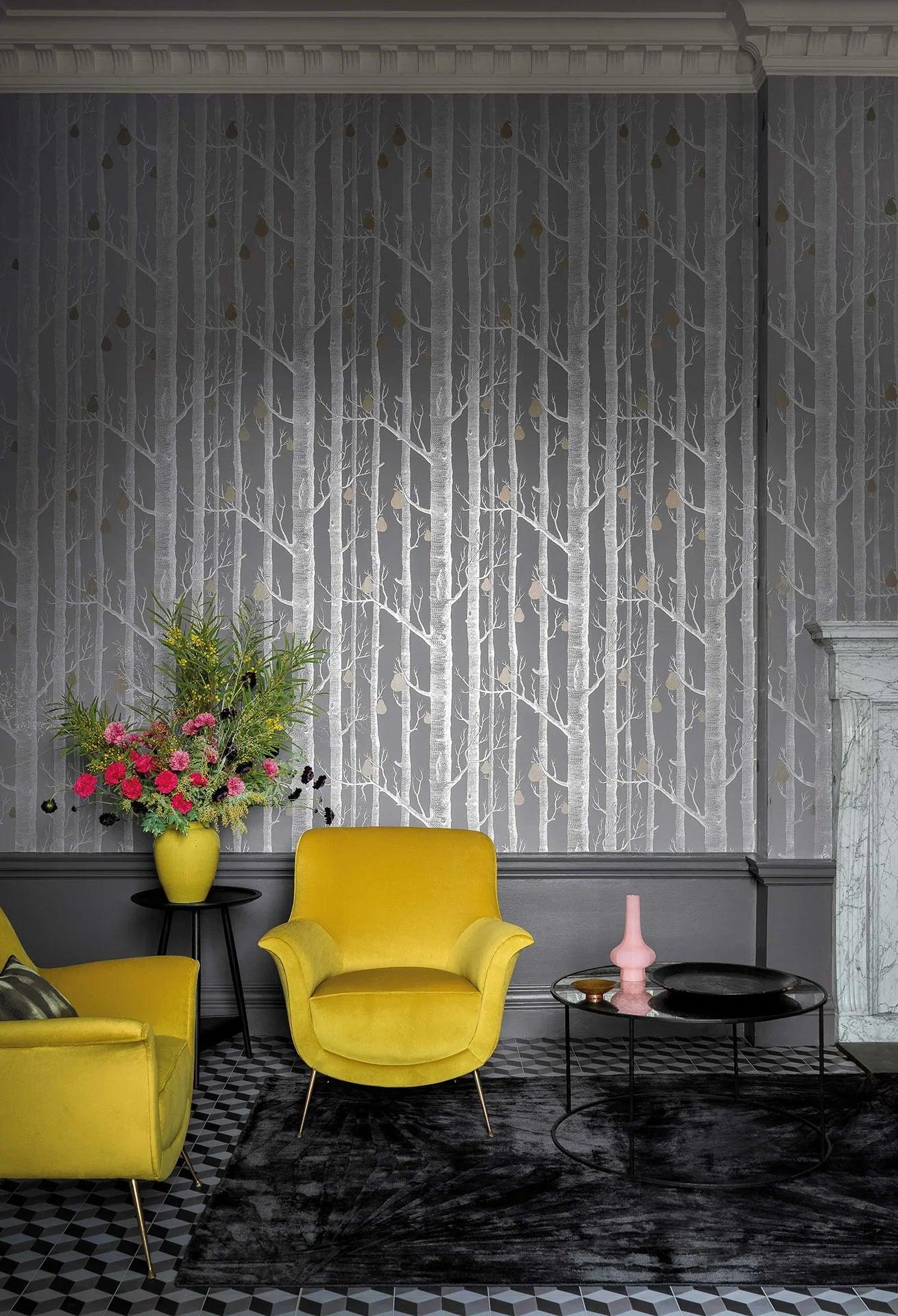 Behang met plantenmotief bomen CONTEMPORARY COLLECTION - Hout & Peren wit op grijs