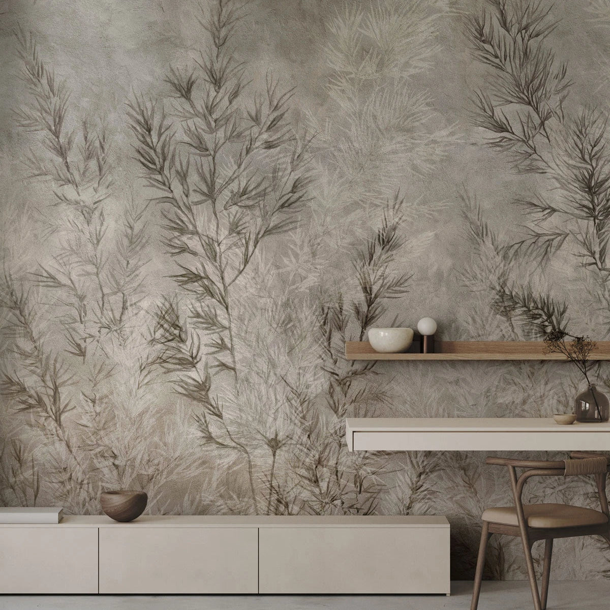 Tapeta flizelinowa z roślinnym wzorem DRY GRASS grau-beige