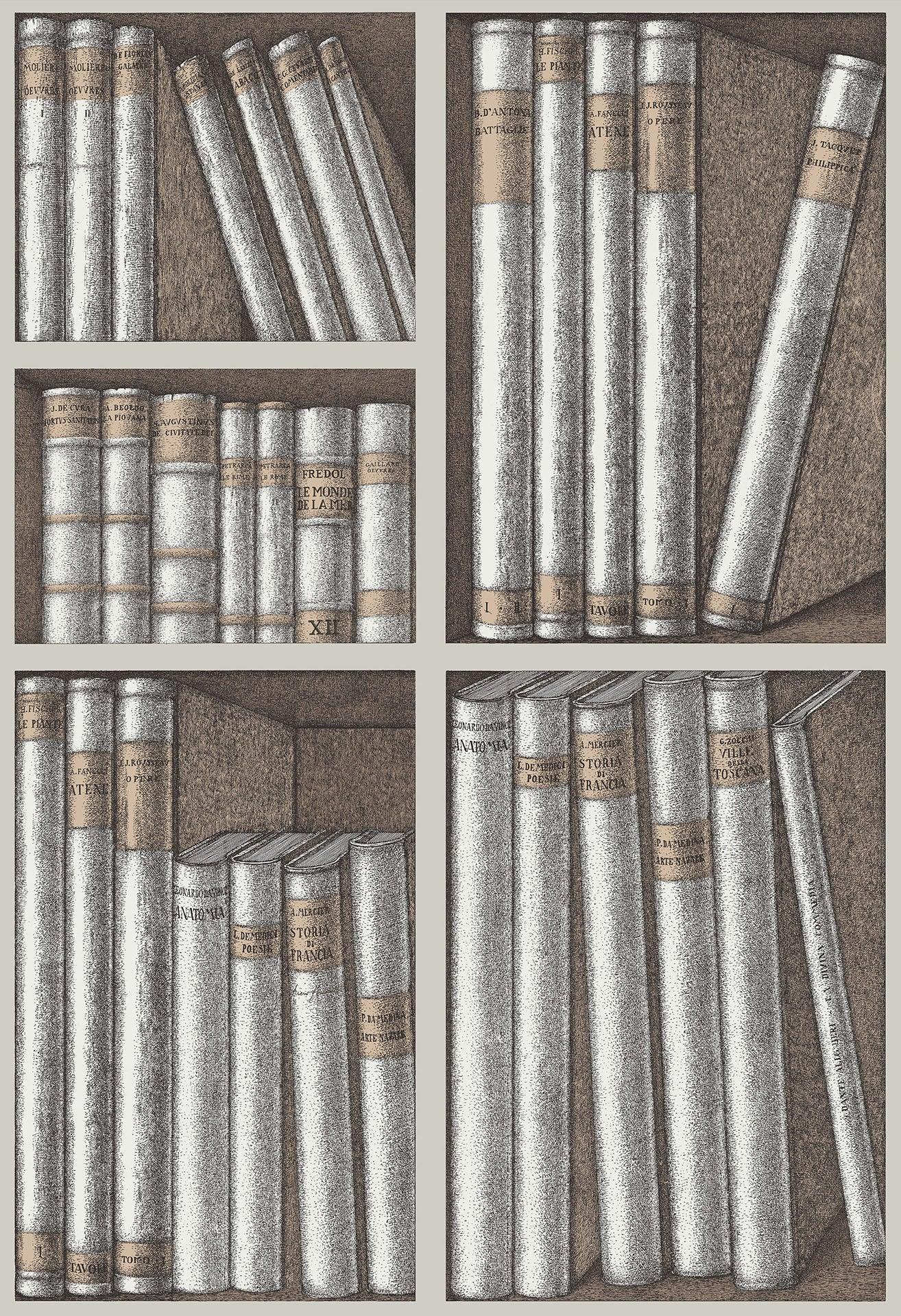 Tapete mit Bibliotheks- und Buchmotiv FORNASETTI - Ex Libris grau