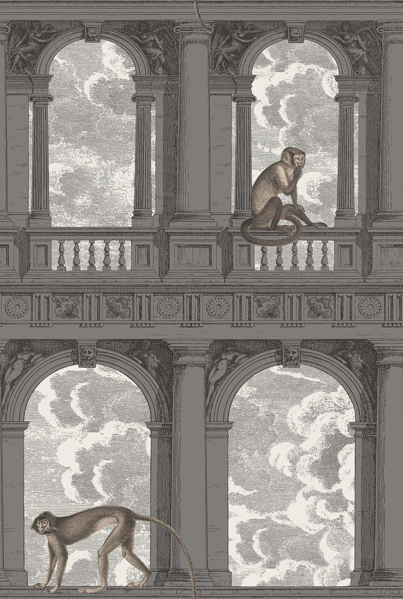 Wallpaper with a monkey and building animal motif FORNASETTI - Procuratie with a gray view