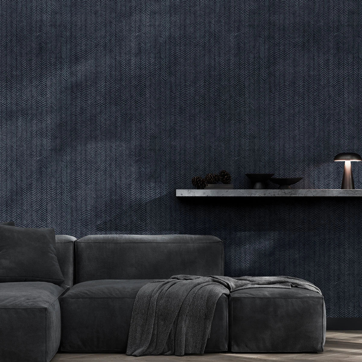 Vliesbehang met een patroon dat de visgraatstructuur imiteert, blauw