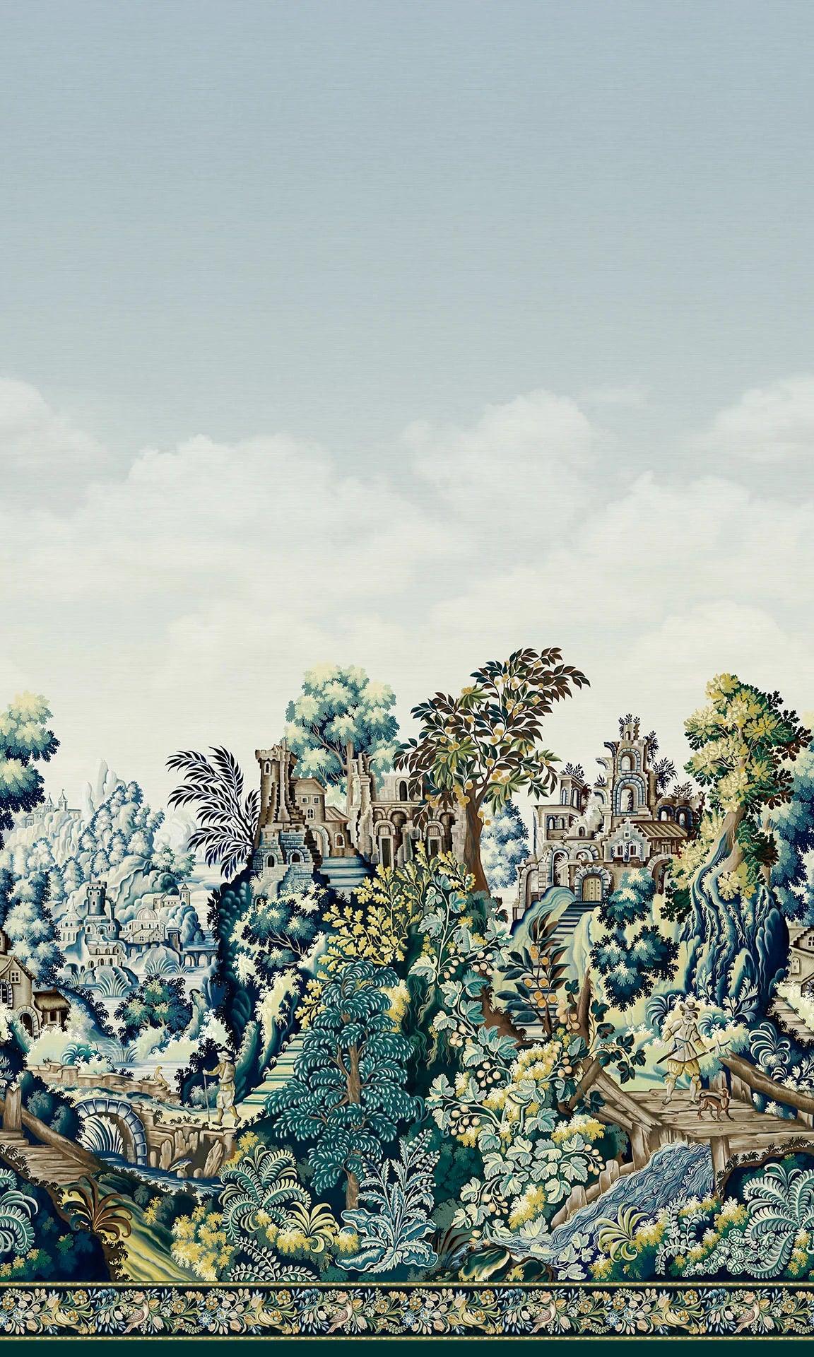 Tapete mit Landschaft von Gebäuden und Bäumen HRP GROSSE MEISTER - Verdure Wandteppich grün mit blau