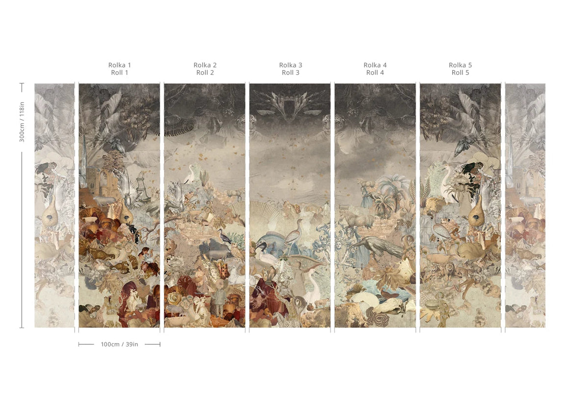 Non-woven wallpaper with an animal motif KINGDOM OF ALL CREATURES SEPIA beige with bronze