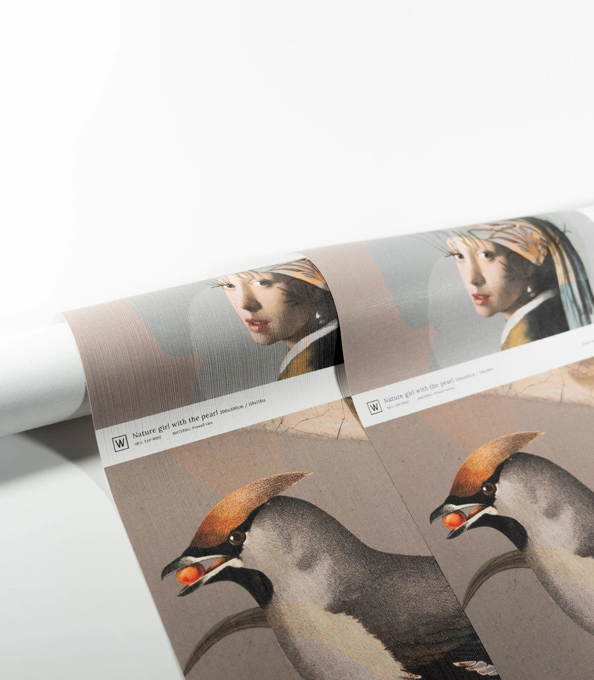 Beige behang met artistiek portret NATUURMEISJE MET DE PAREL groen