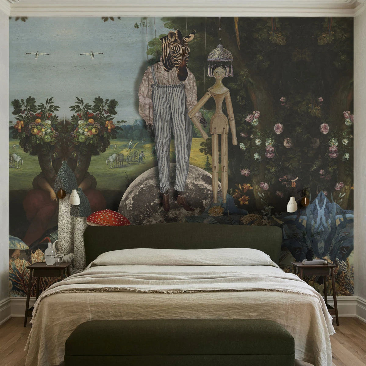 Behang met artistiek landschap PUPPETS donkergroen met blauw