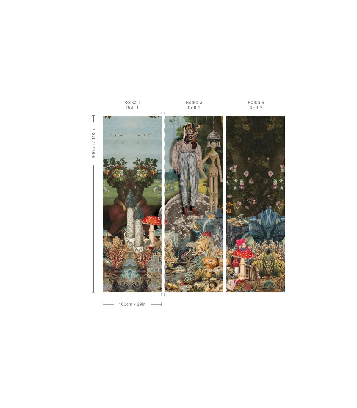 Behang met artistiek landschap PUPPETS donkergroen met blauw