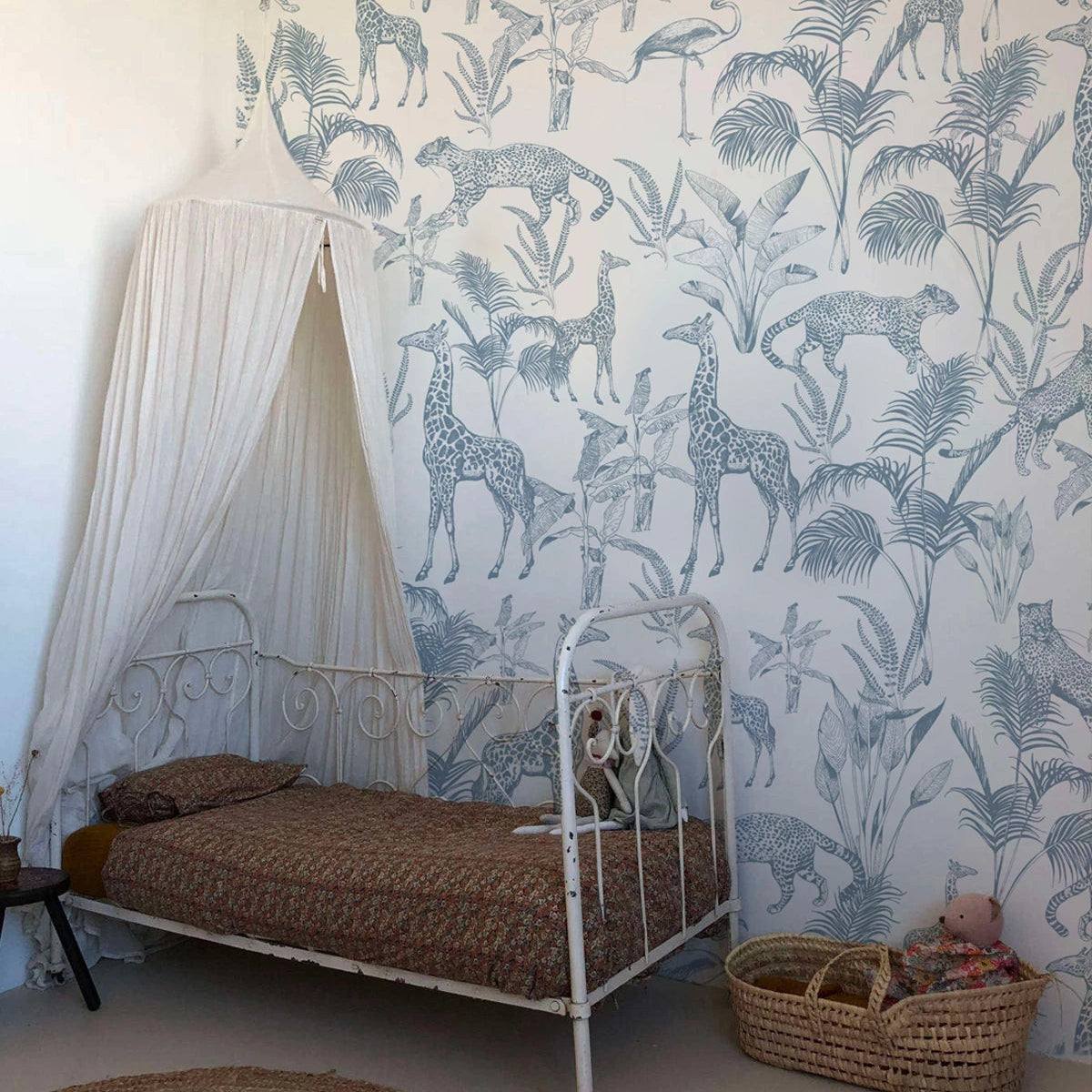 Safari Blue Animal Pattern Wallpaper in Light Blue with White