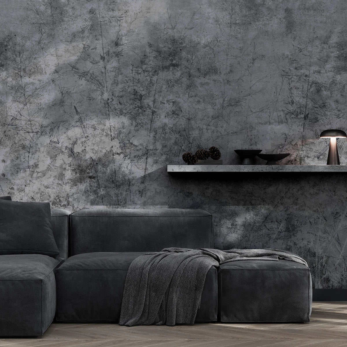 Grijze tapijt met plantenmotief STEMS zwart