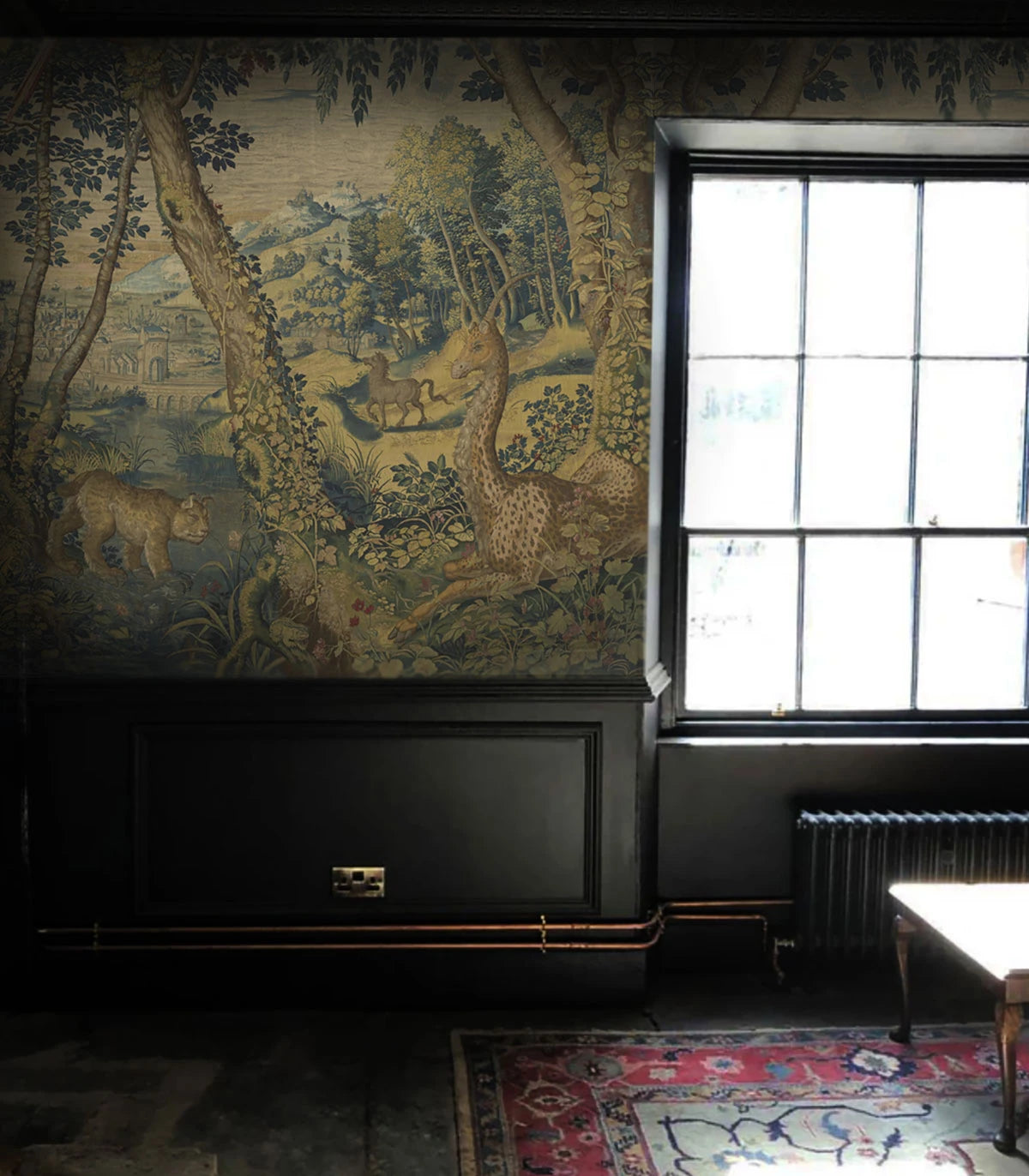 Wallpaper with a landscape of a magical forest UNICORN ARRAS green with brown