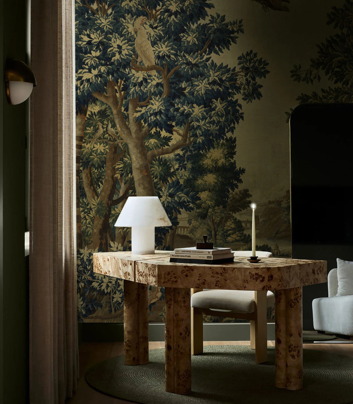 Non-woven wallpaper with landscape WHISPERING GARDEN green