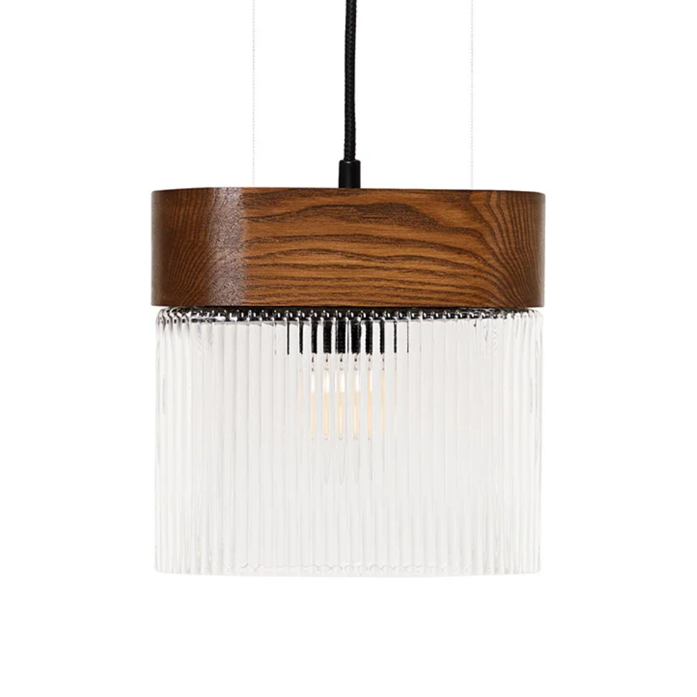 Hanglamp FLUMINA geribbeld glas en esdoornhout