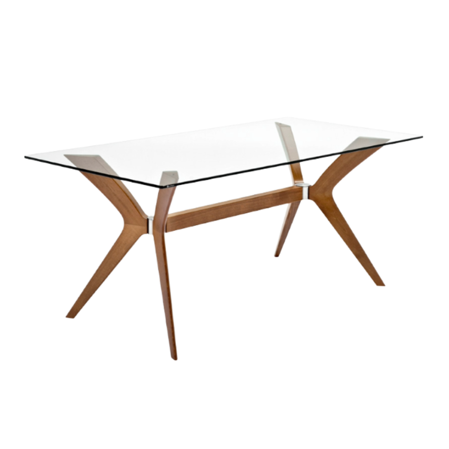 Tafel TOKYO met glazen blad en notenhouten basis