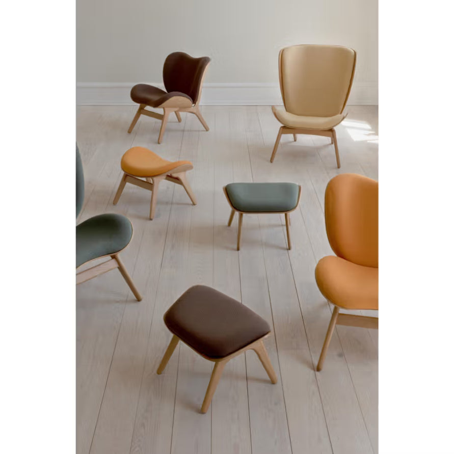 READER sage footstool with a dark oak base