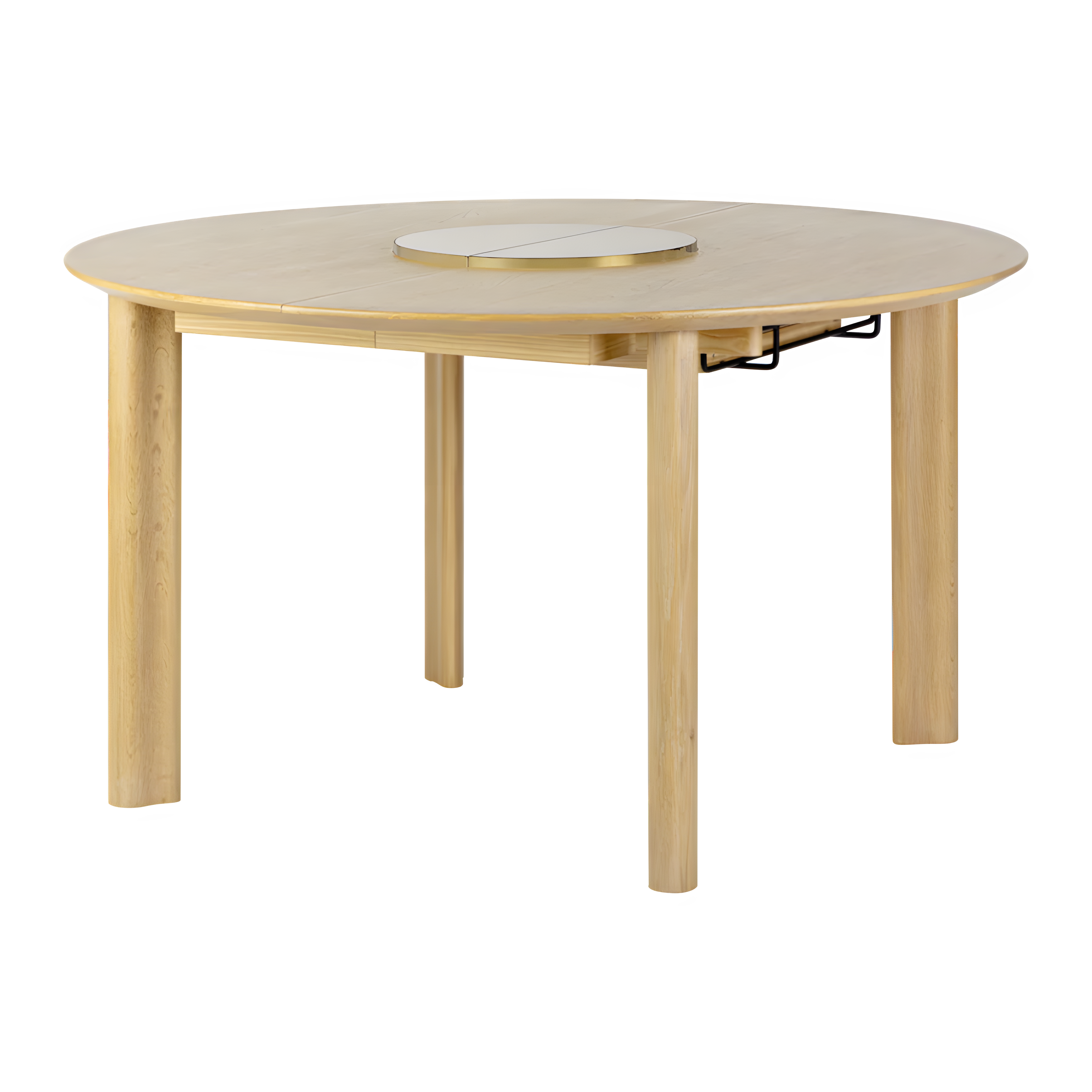 COMFORT CIRCLE round extendable table made of oak with a brass pedestal