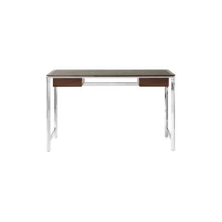 Bureau STUDIO groen leren blad met notenhouten frame en aluminium basis