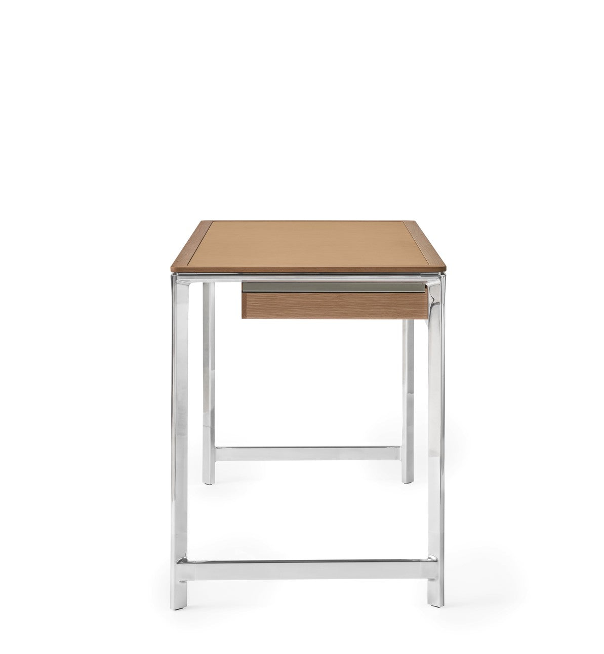 Schreibtisch STUDIO kamelbraun mit Lederoberfläche, Eichenrahmen und Aluminiumfuß