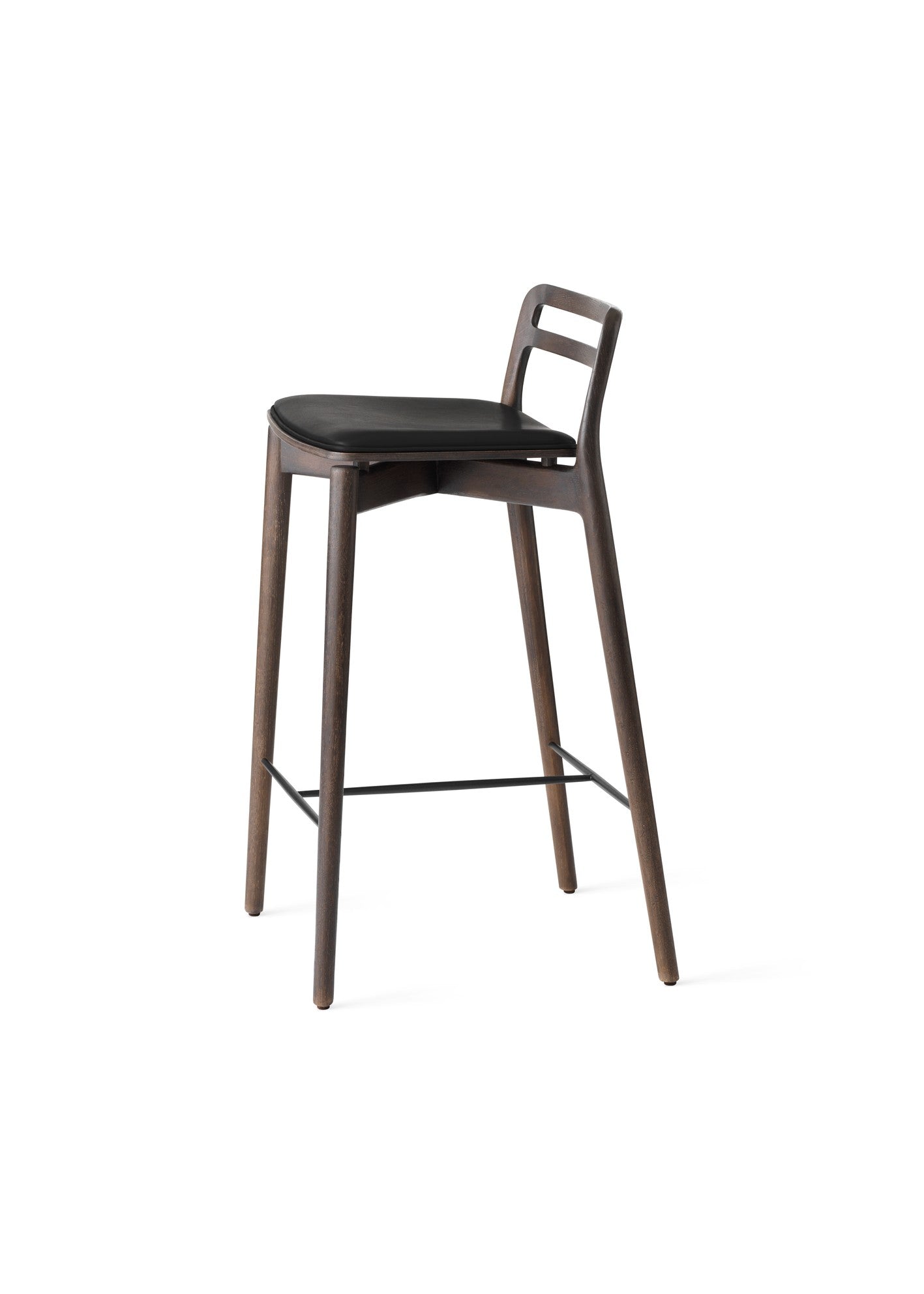 Hocker CABIN zwart leer met een donkere eiken basis