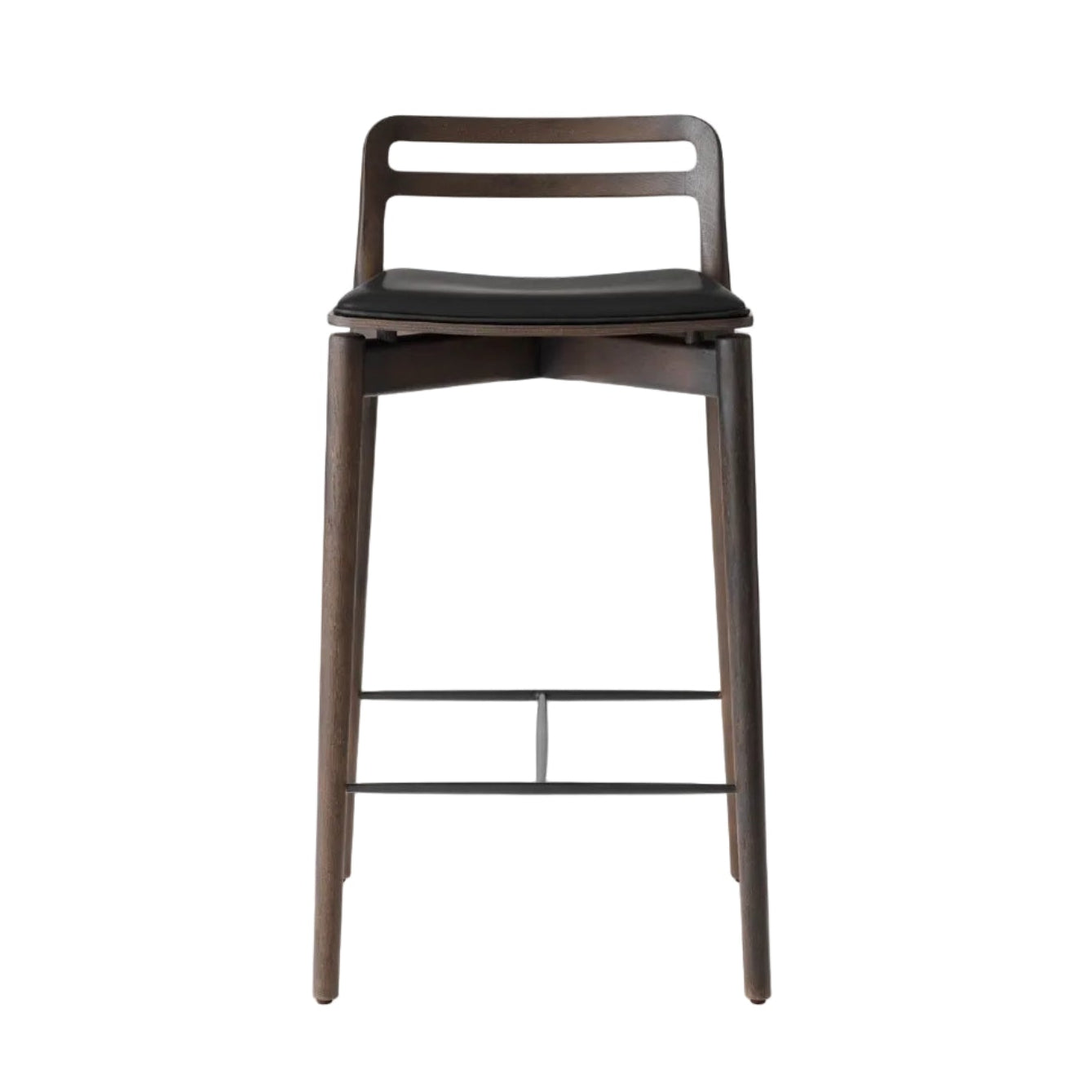 Hocker CABIN zwart leer met een donkere eiken basis