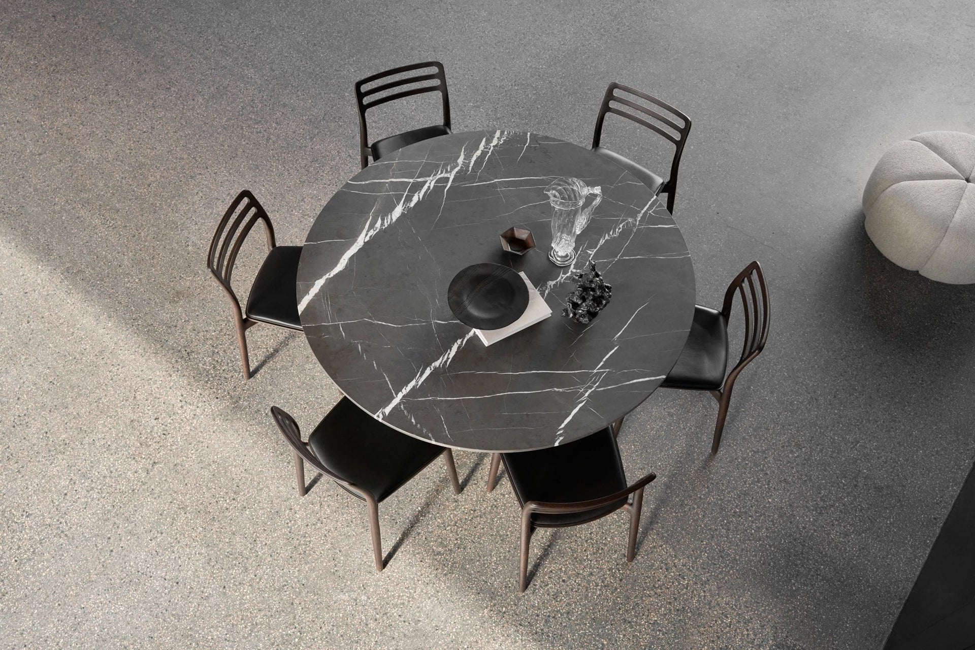 Round Table CABIN Gray Marble Top with Dark Oak Base