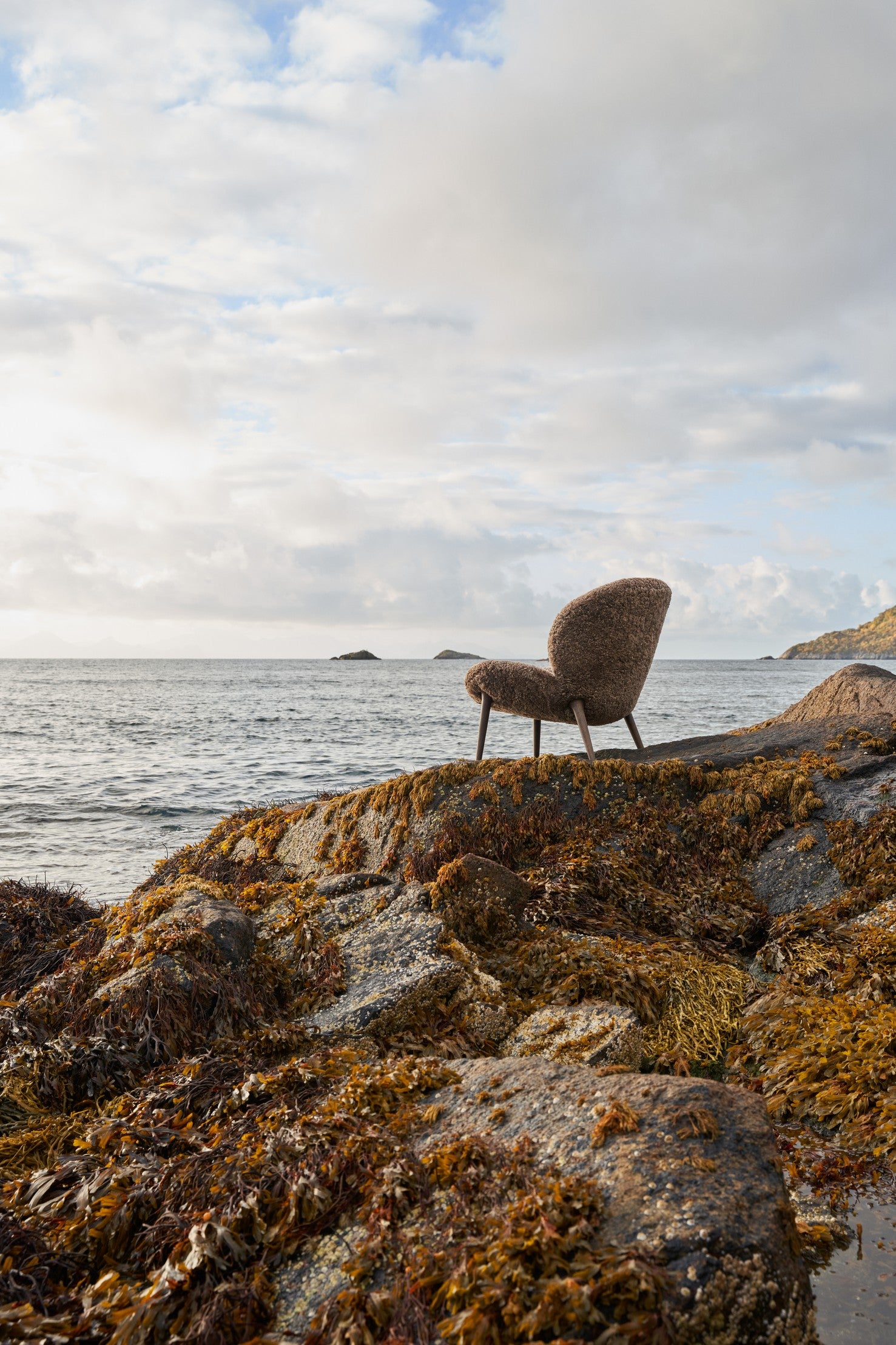 Fauteuil LODGE bruin schapenvacht met een donkere eiken basis