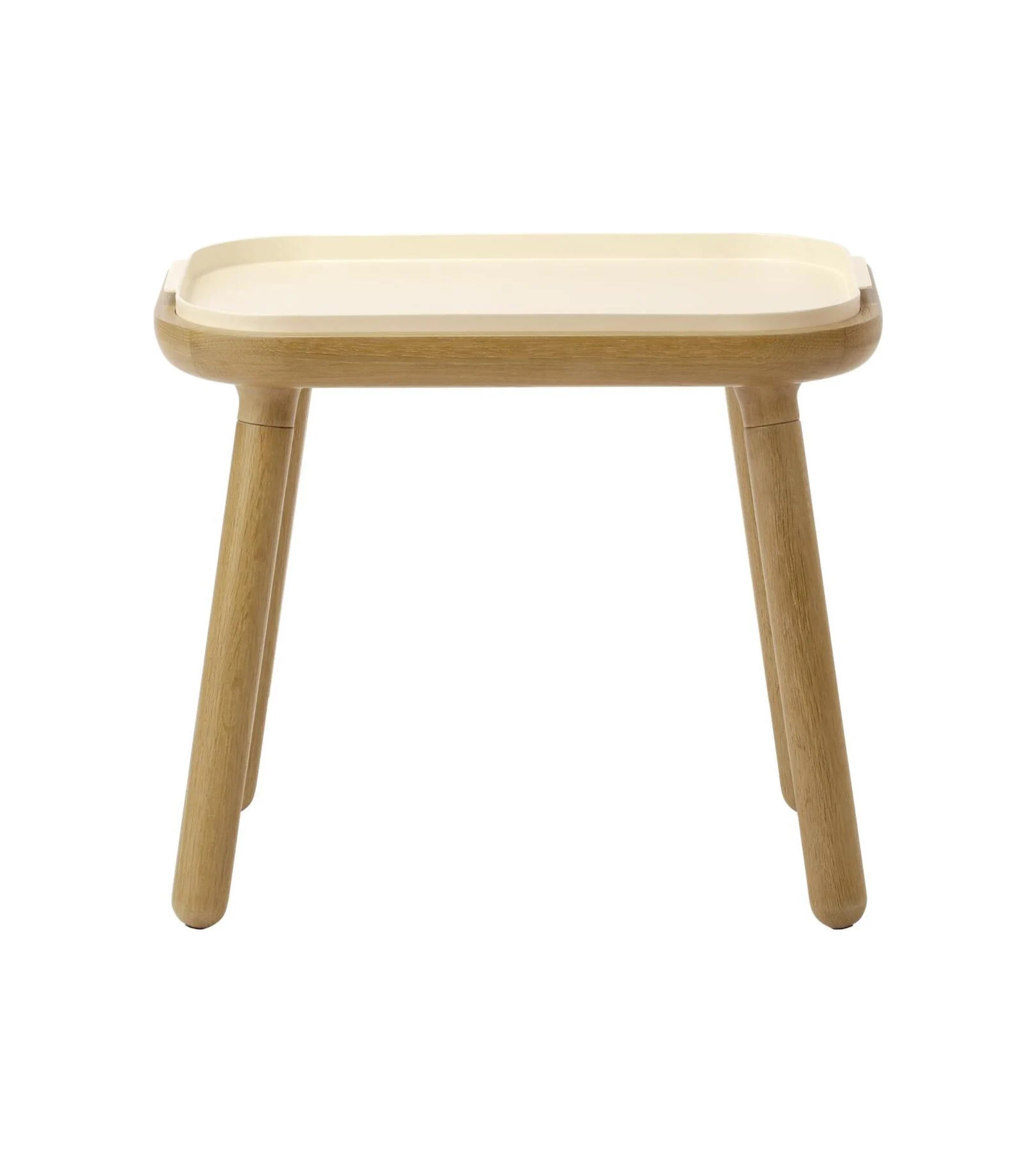 PAFF table in pearl white with an oak base