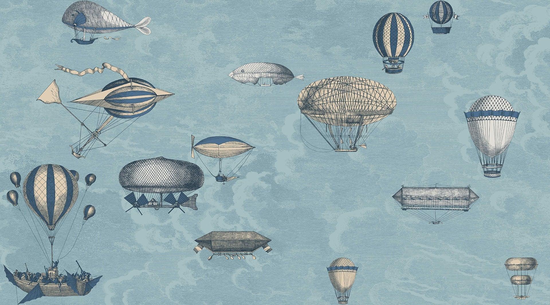 Wallpaper set with a landscape of flying machines FORNASETTI - Macchine Volanti blue